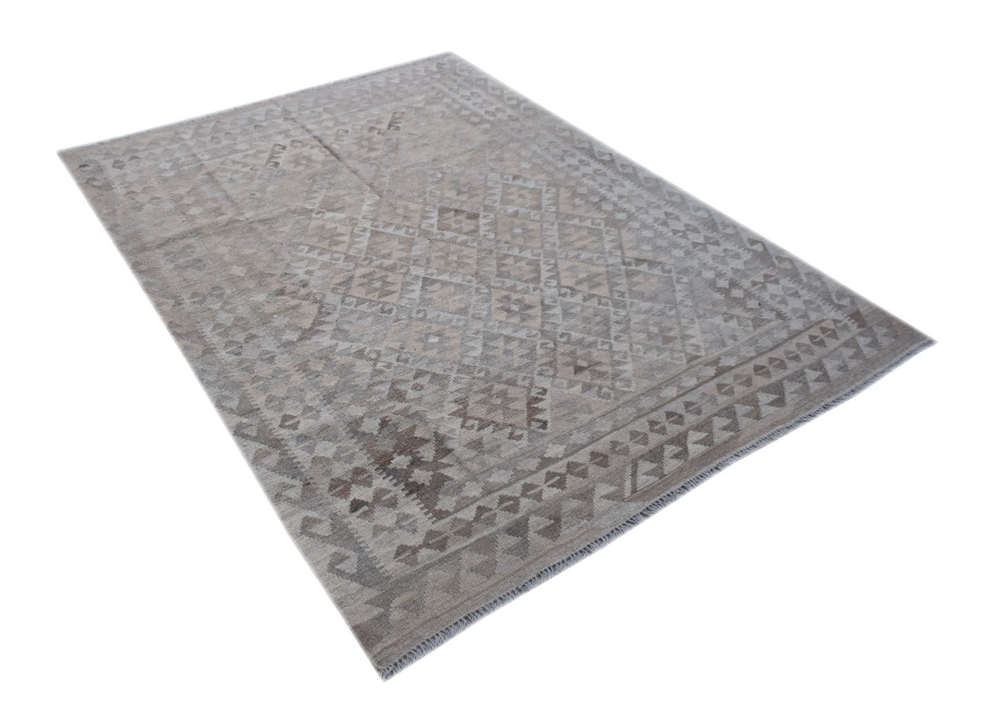 A rectangular Afghan Maiamana kilim rug featuring a neutral geometric pattern in natural wool.