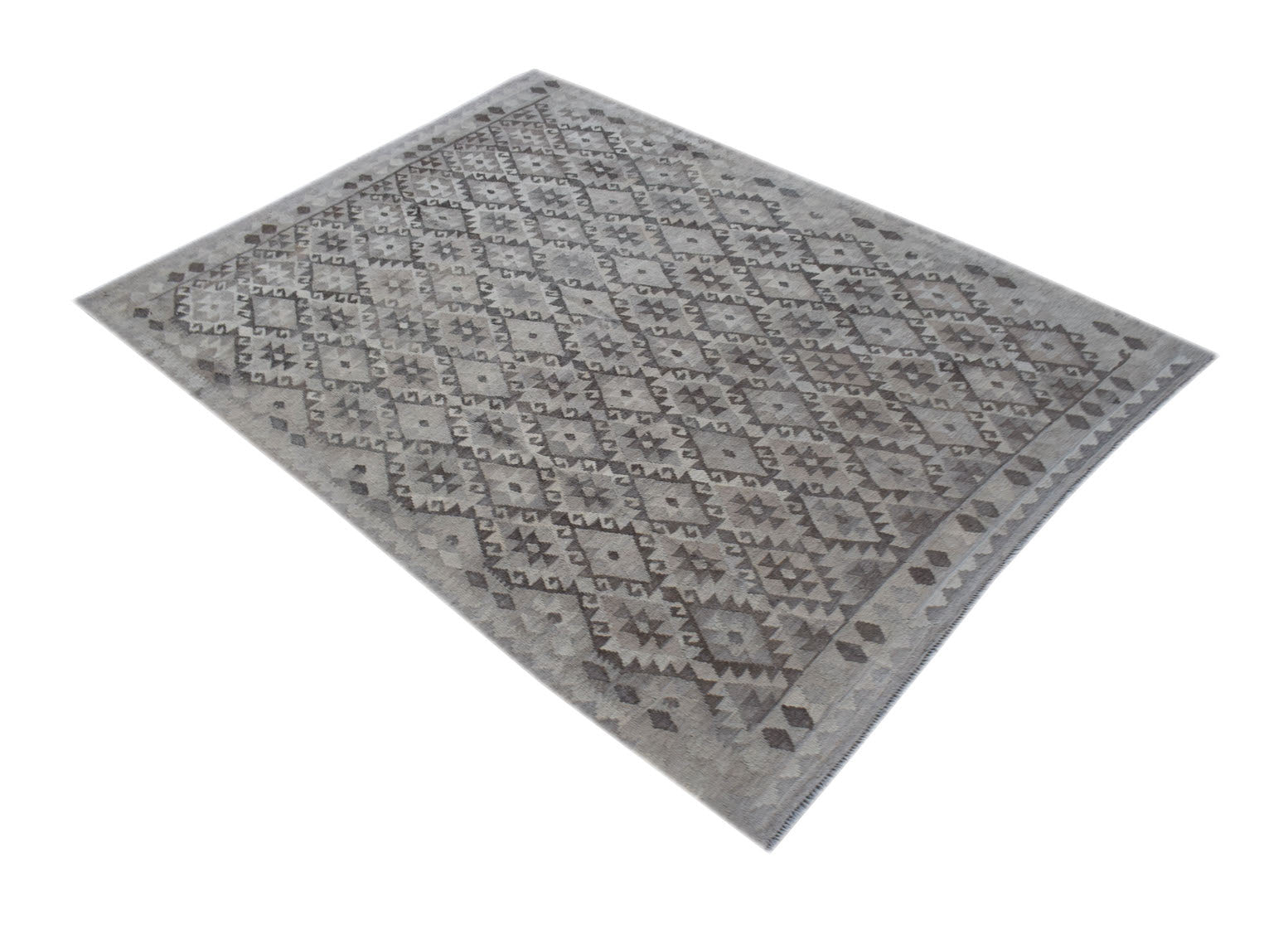 A rectangular Afghan Maimana kilim rug featuring a grey geometric pattern on a flat-woven surface.