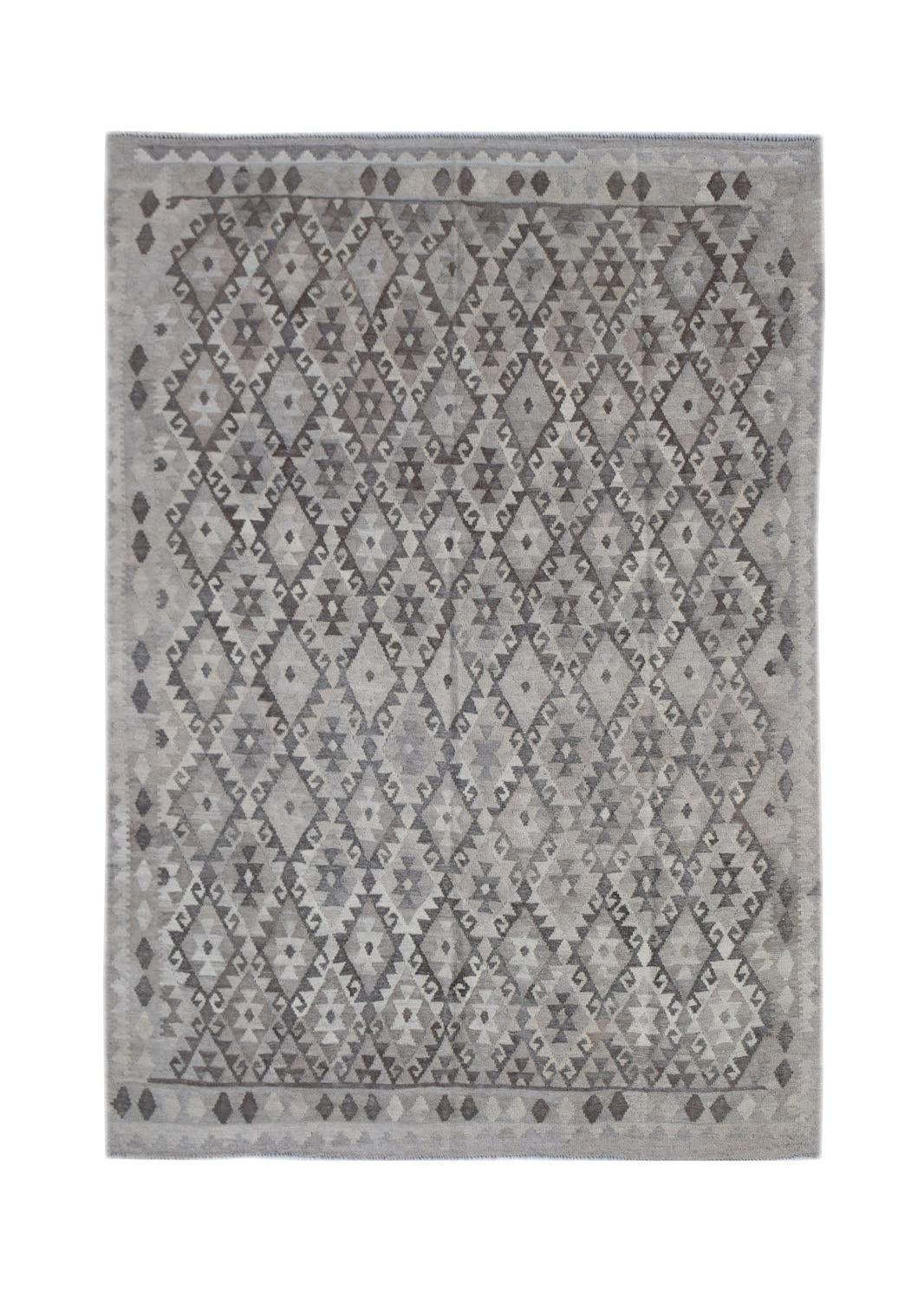 Handwoven Afghan Maiamana kilim rug featuring a grey geometric diamond pattern in natural wool.
