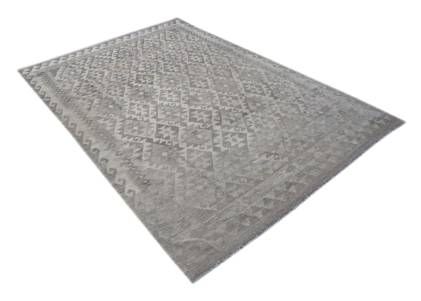 Handwoven Afghan Maimana kilim rug featuring a neutral grey geometric pattern in natural wool.