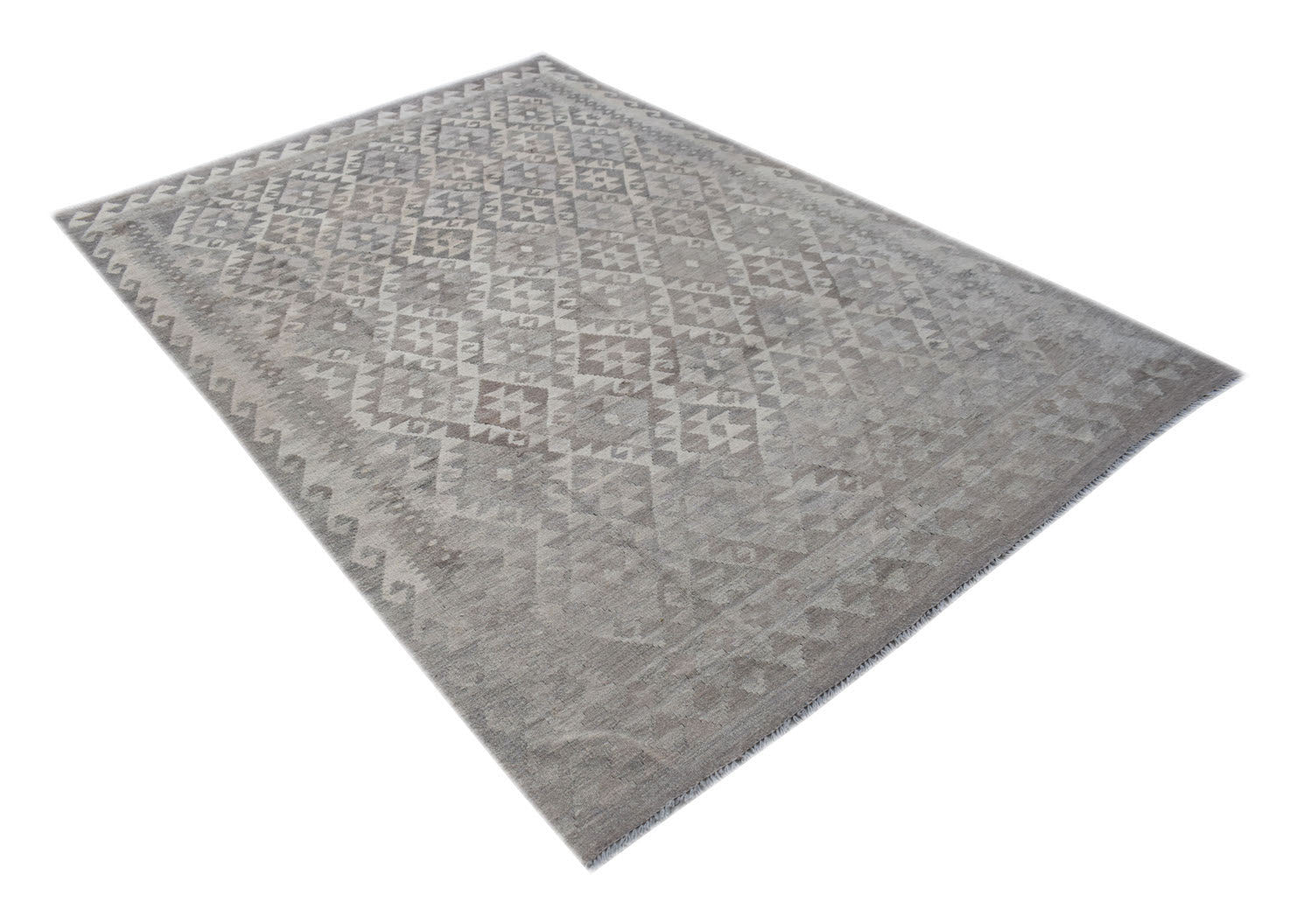 Handwoven Afghan Maimana kilim rug featuring a neutral grey geometric pattern in natural wool.