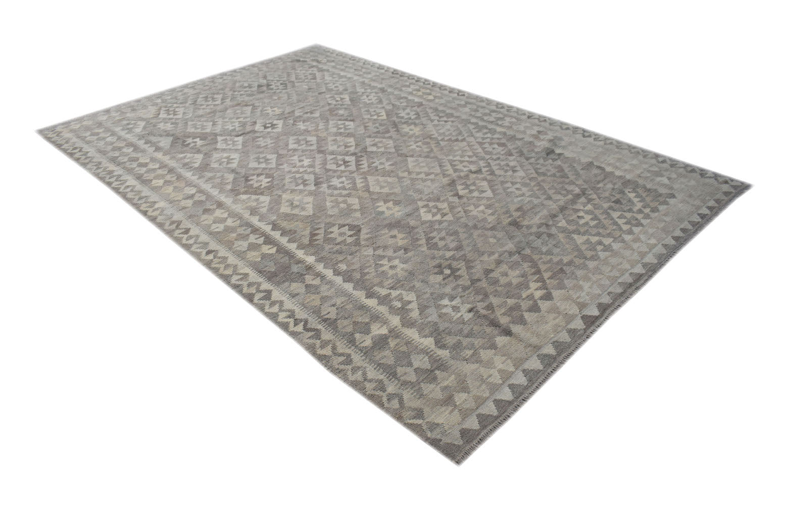 A rectangular, handwoven Afghan Maiamana kilim rug featuring a grey geometric pattern.