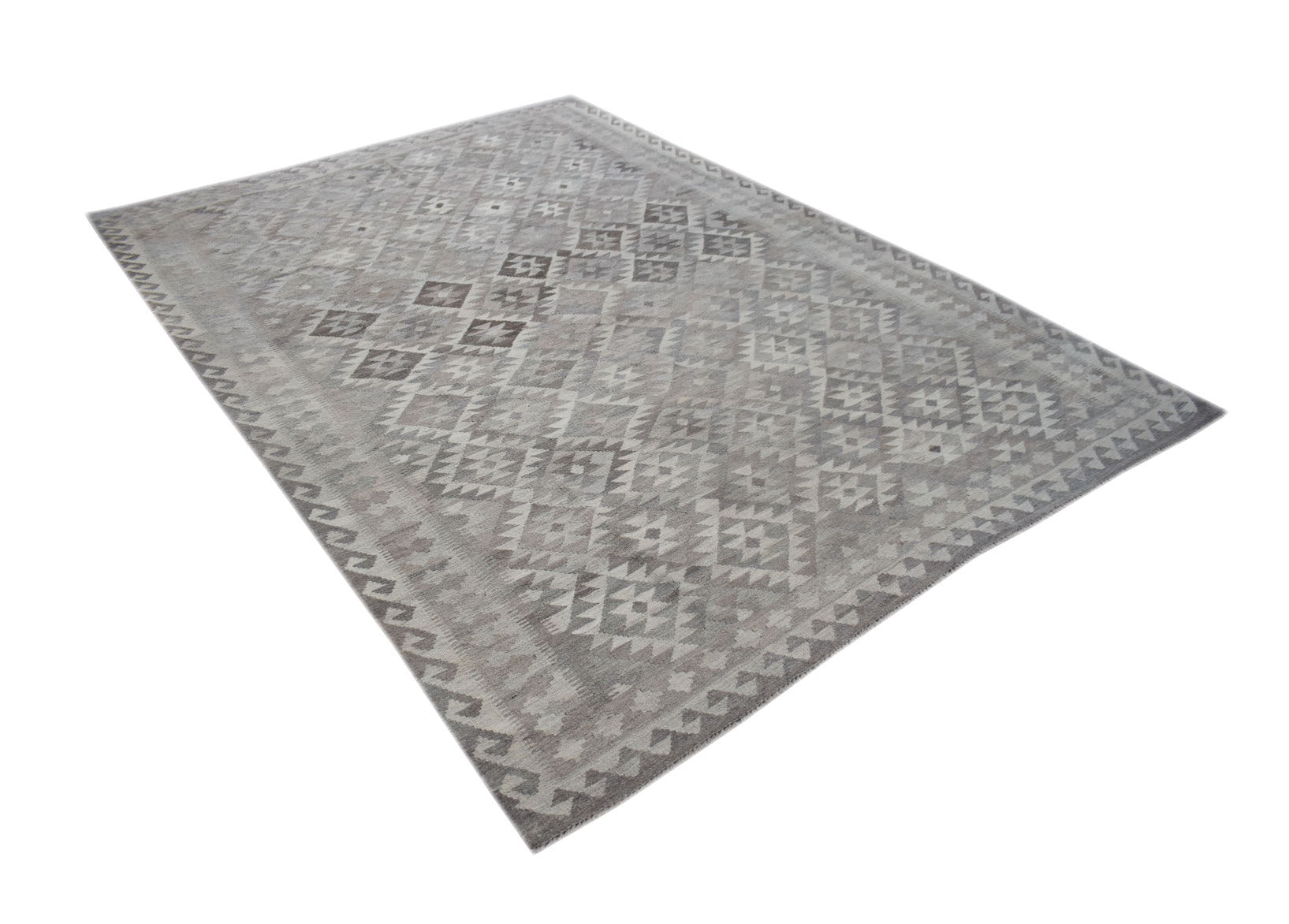 A rectangular, handwoven Afghan Maimana kilim rug featuring a grey geometric diamond pattern.