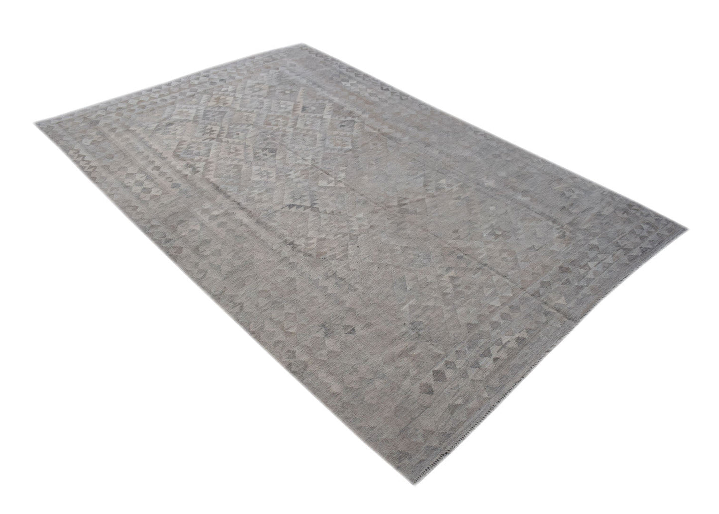 A rectangular, handwoven Afghan Maimana kilim rug featuring a subtle grey geometric pattern.