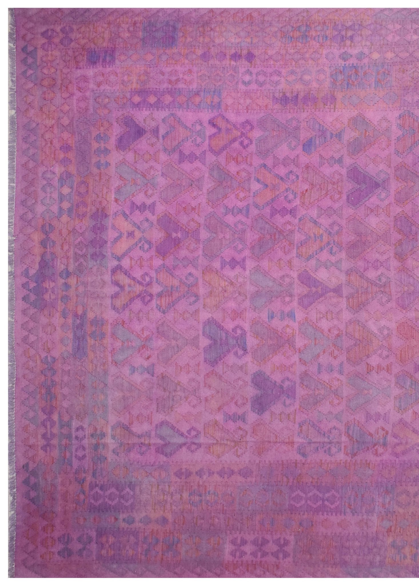 Handmade Afghan Maimana kilim rug featuring a geometric pattern in shades of pink and purple.