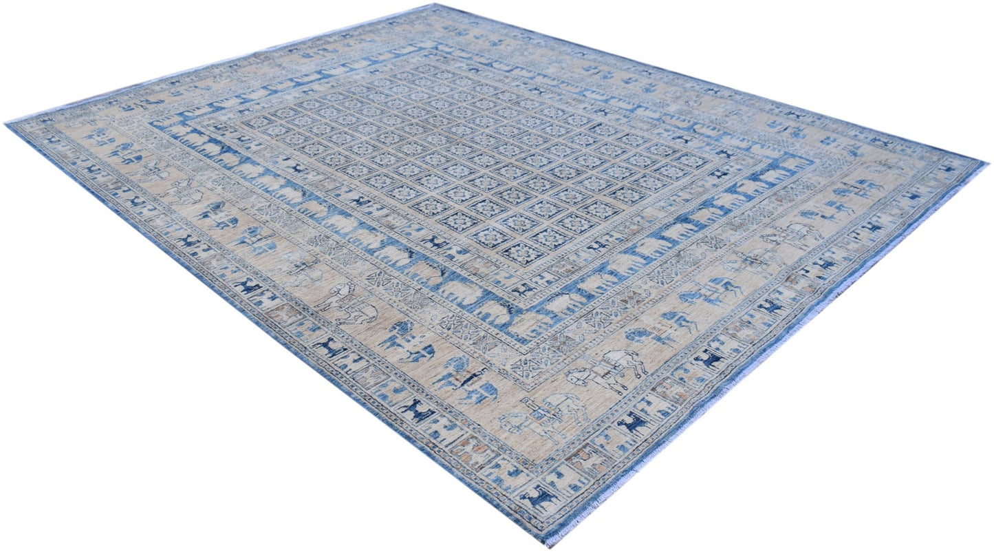 A handmade Afghan Chobi rug featuring a blue and beige Pazyryk-inspired geometric animal motif.
