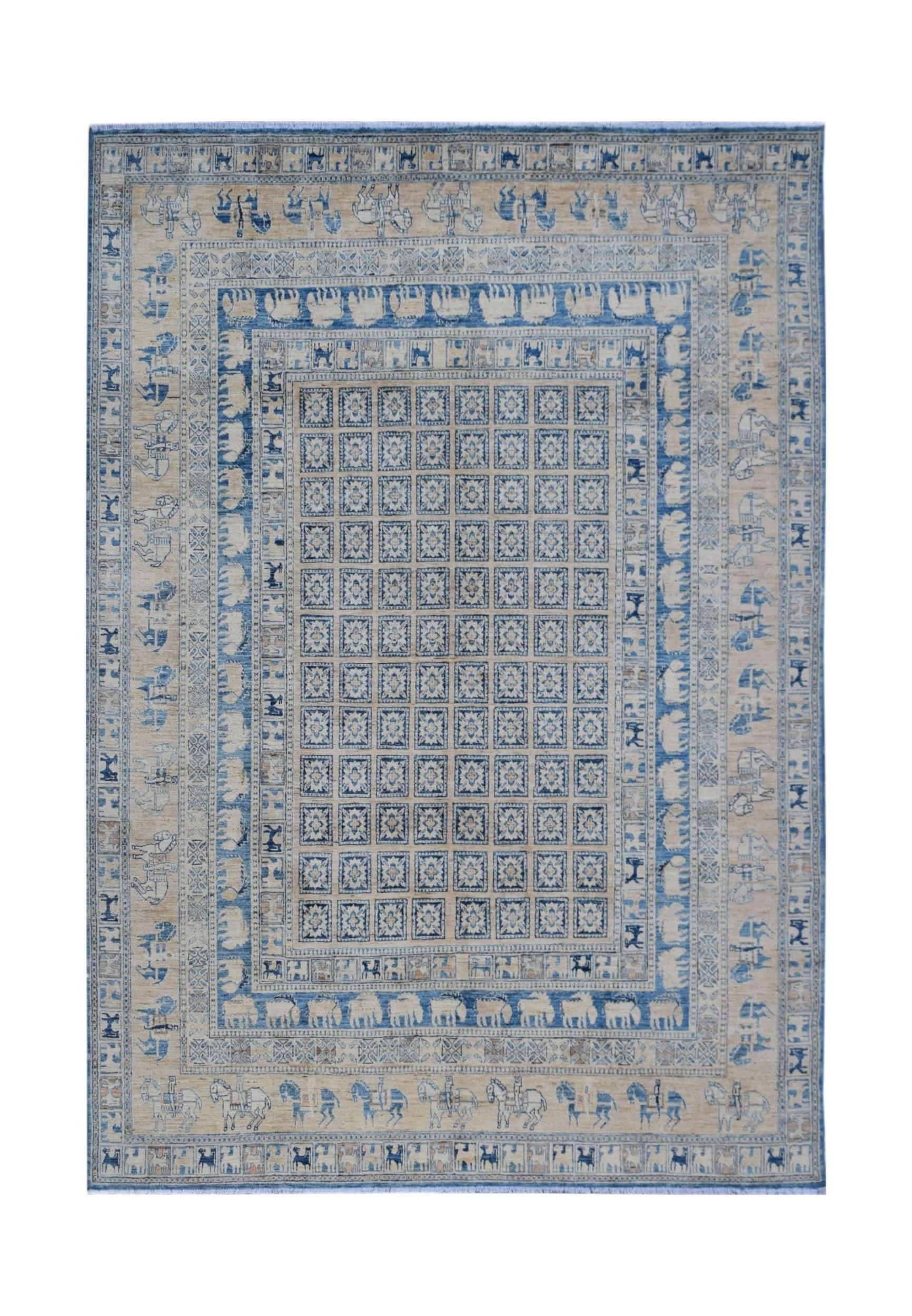A rectangular Afghan Chobi rug featuring a grid of floral motifs surrounded by animal borders.
