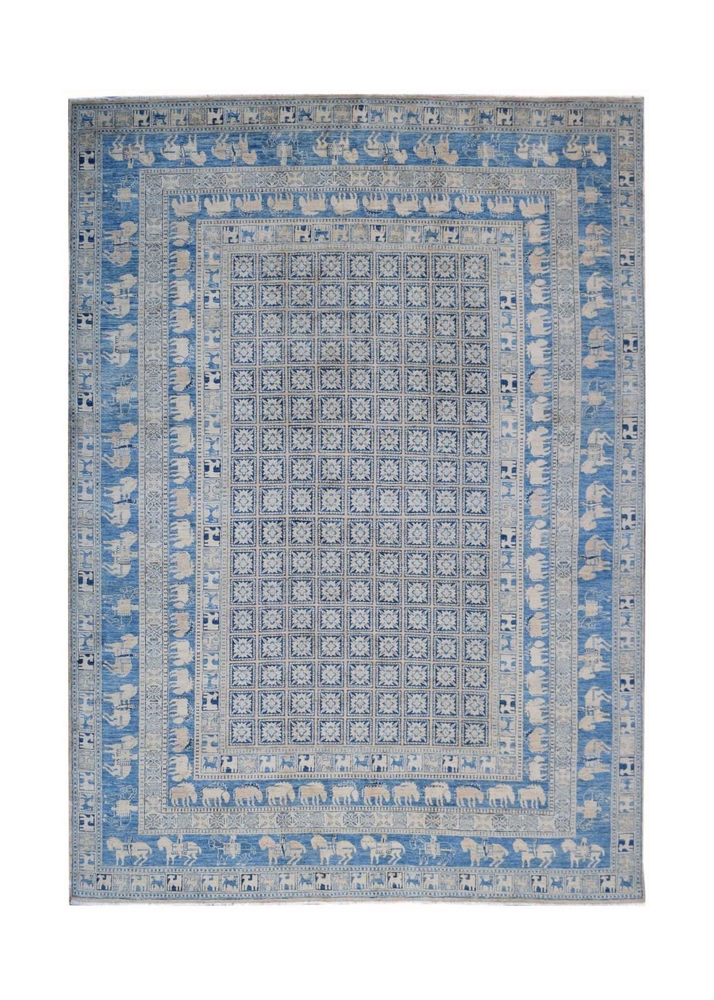 A blue and cream Afghan Pazyryk rug featuring a grid of floral motifs and animal border patterns.