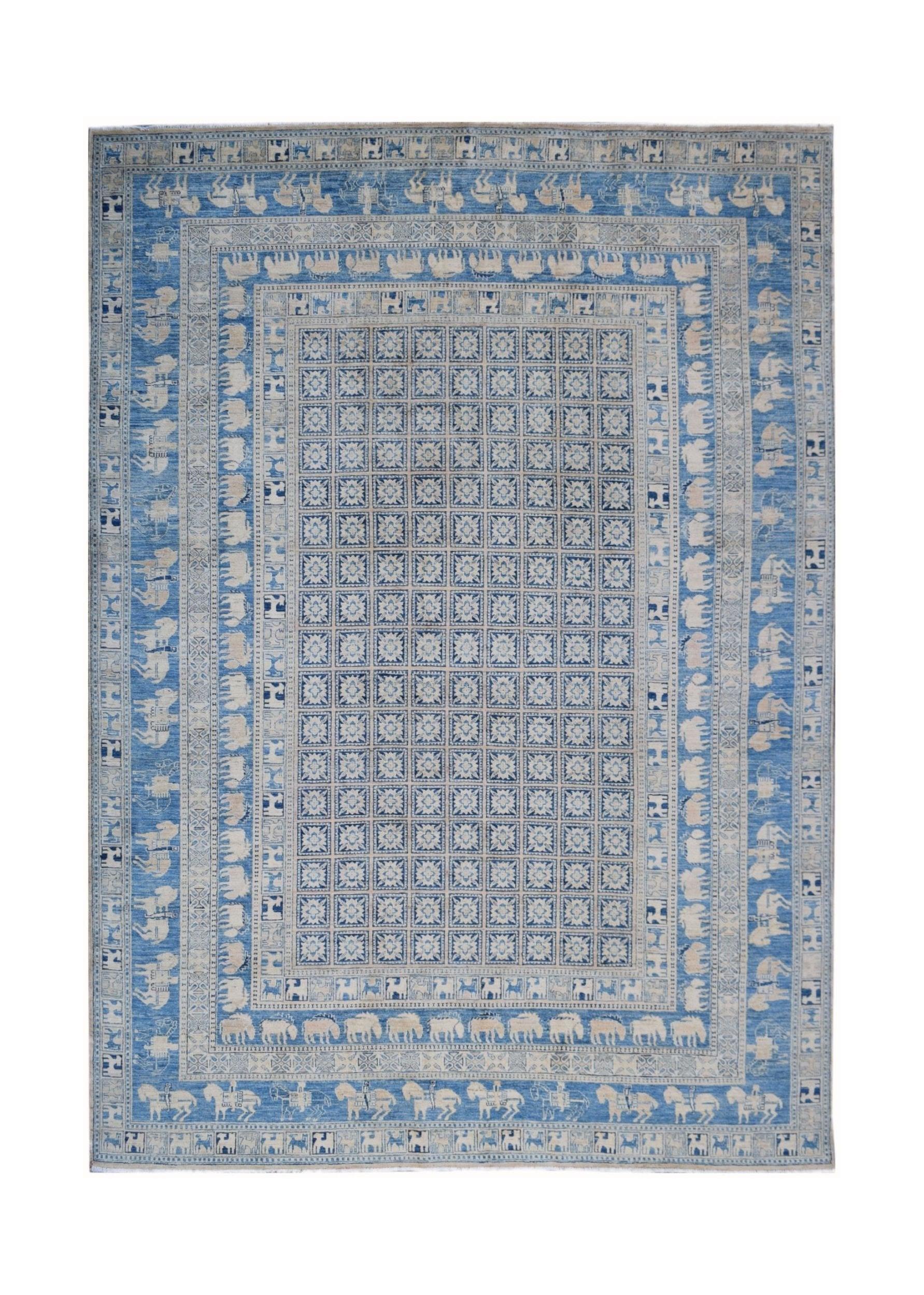 A blue and cream Afghan Pazyryk rug featuring a grid of floral motifs and animal border patterns.