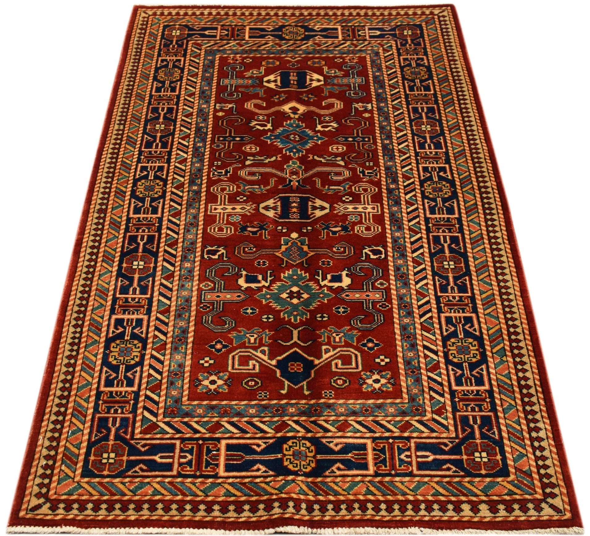 Handmade Afghan Super Kazakh rug featuring traditional geometric motifs in red and blue.