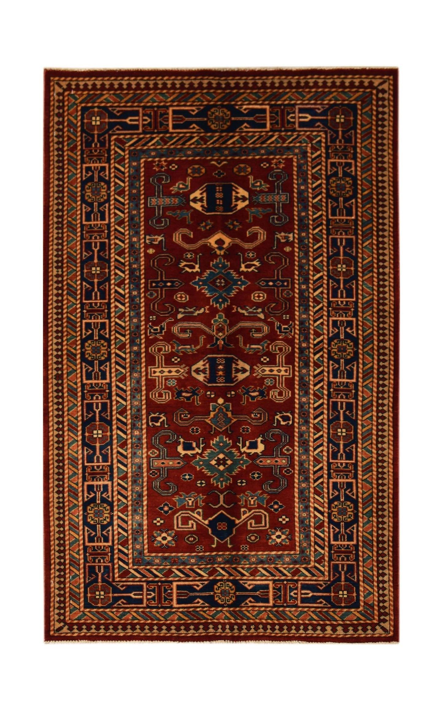 An Afghan Super Kazakh rug featuring traditional geometric motifs in red, blue, and gold tones.