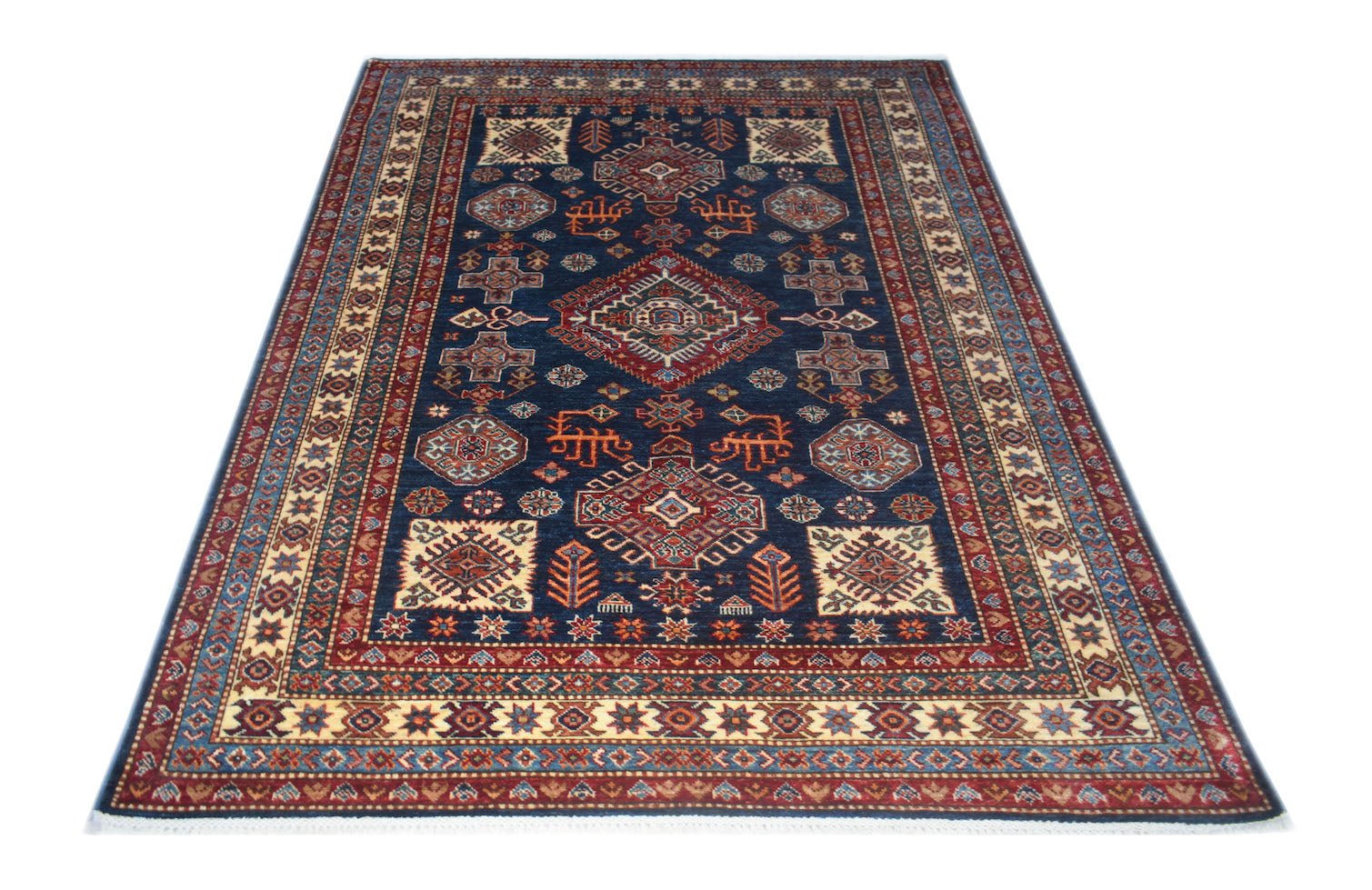 A rectangular Afghan Super Kazakh rug featuring traditional geometric motifs on a navy blue field.