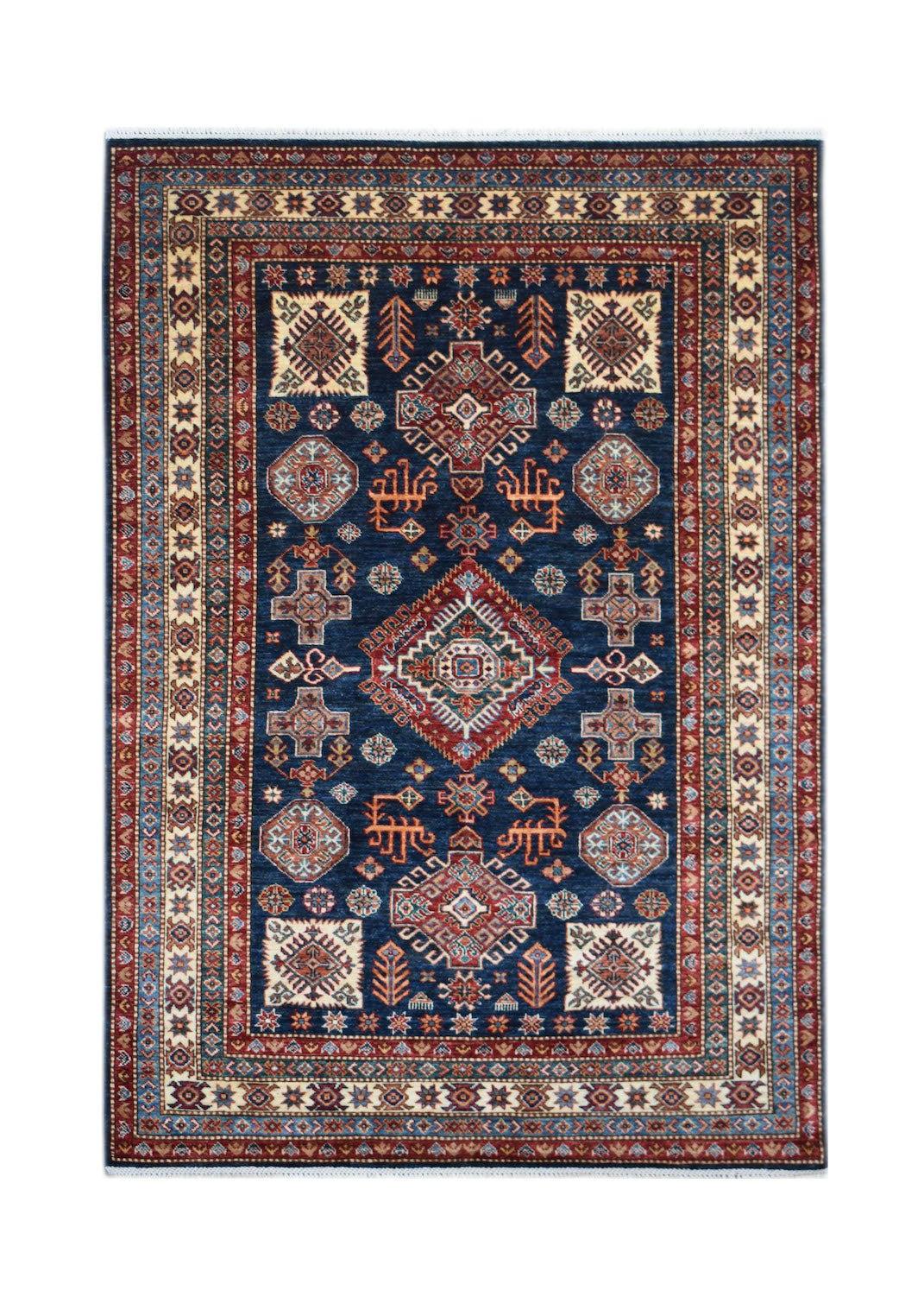 Handmade Afghan Super Kazakh rug featuring a traditional geometric pattern in blue and red tones.