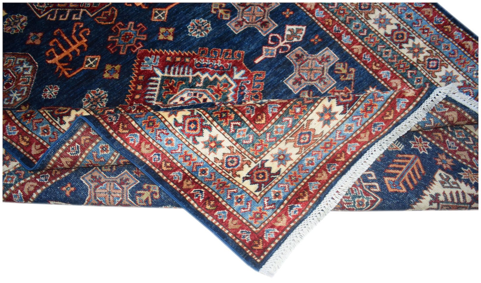A handmade Afghan Super Kazakh rug featuring traditional geometric motifs in blue and red.