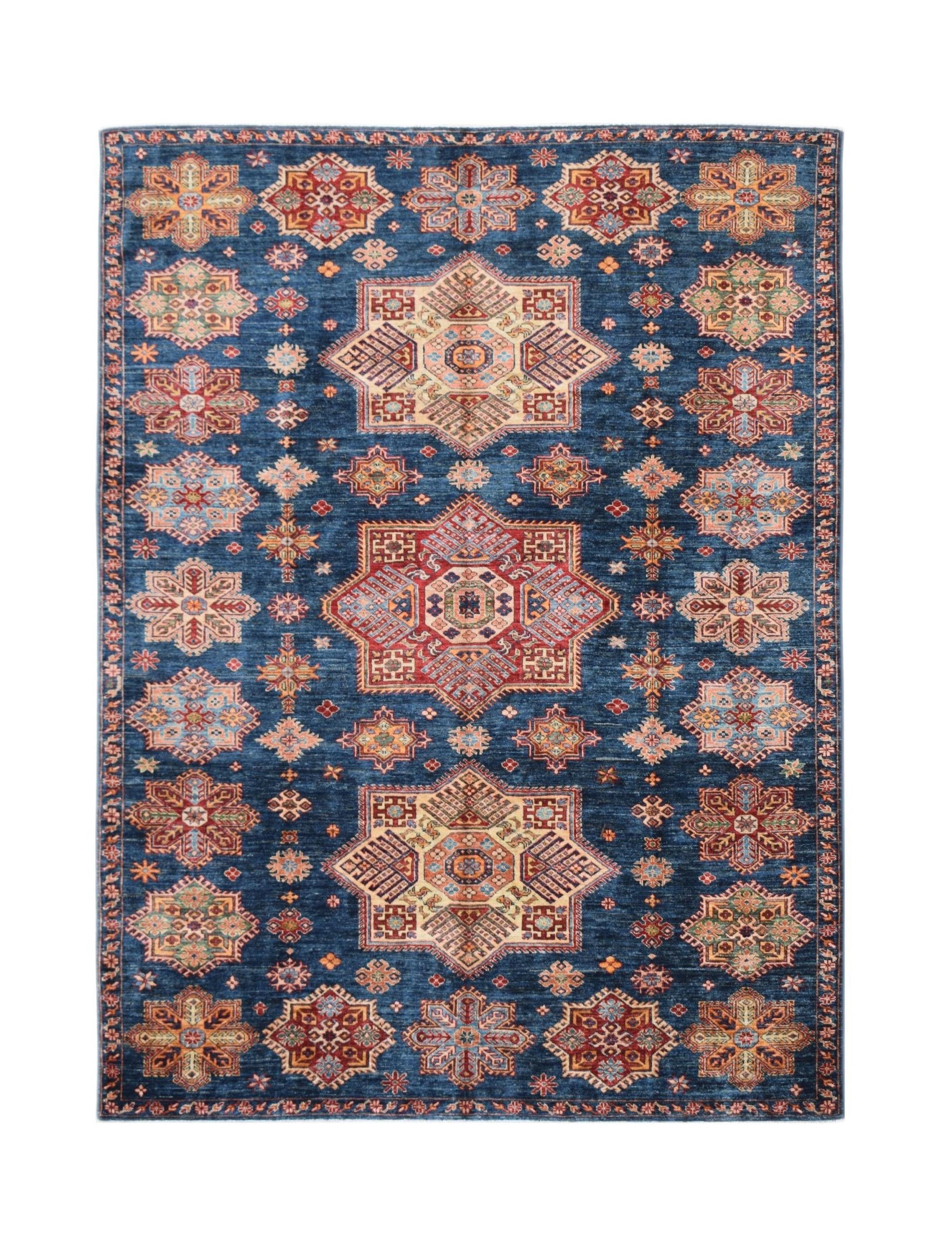 Handmade Afghan Super Kazakh rug featuring traditional geometric motifs in red and blue tones.