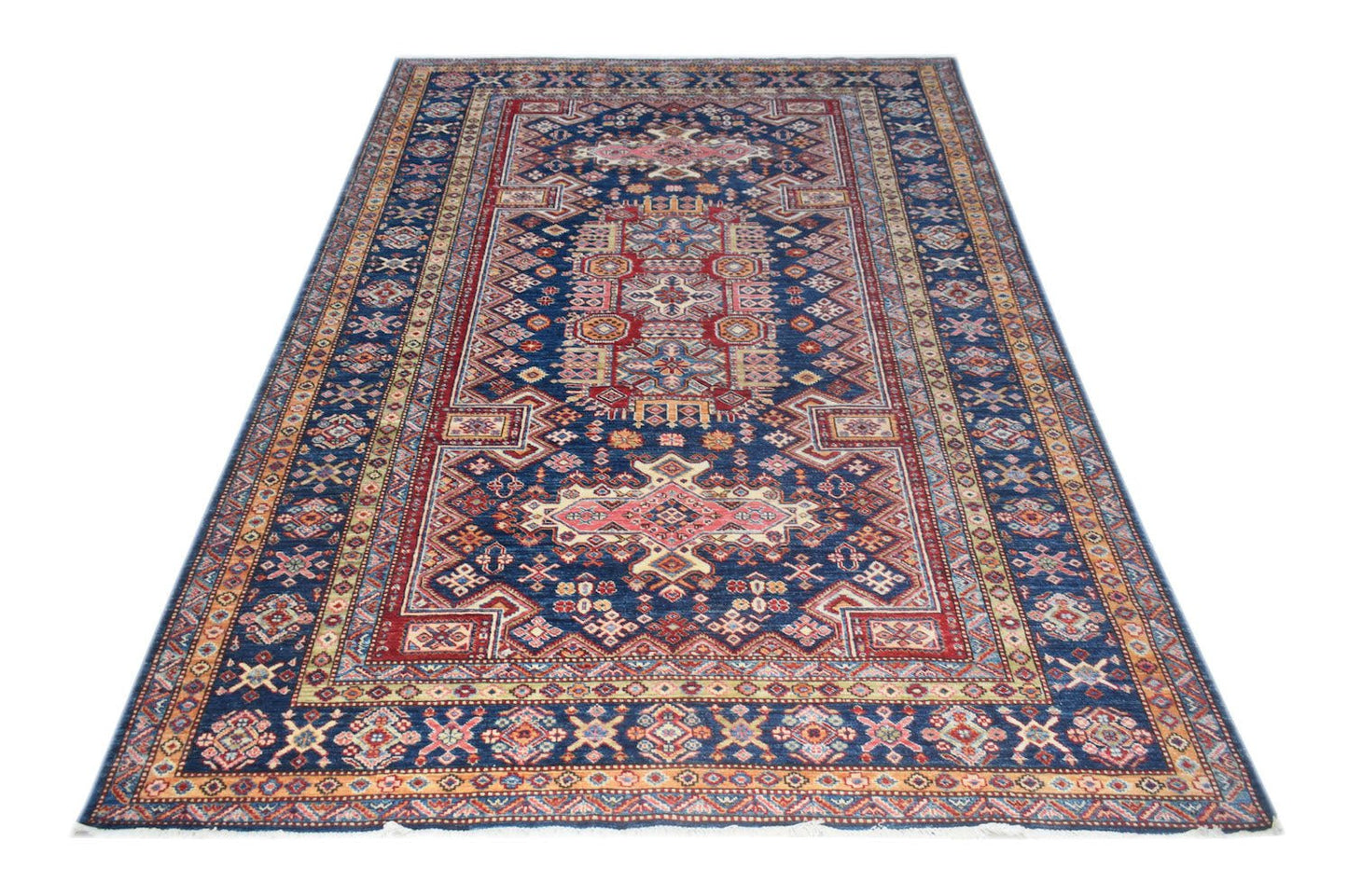 A rectangular Afghan Super Kazakh rug featuring traditional geometric motifs in blue and red.