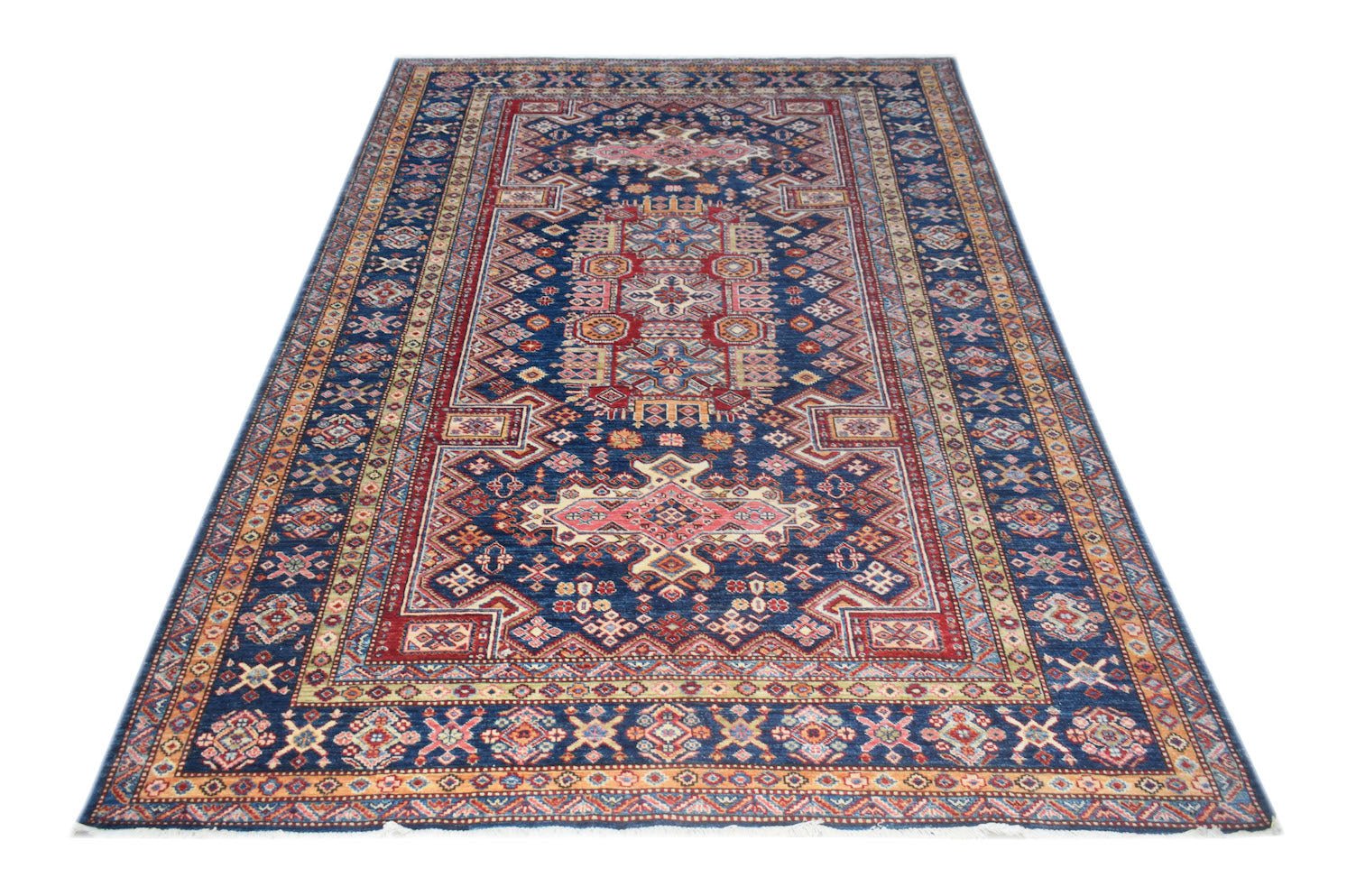 A rectangular Afghan Super Kazakh rug featuring traditional geometric motifs in blue and red.