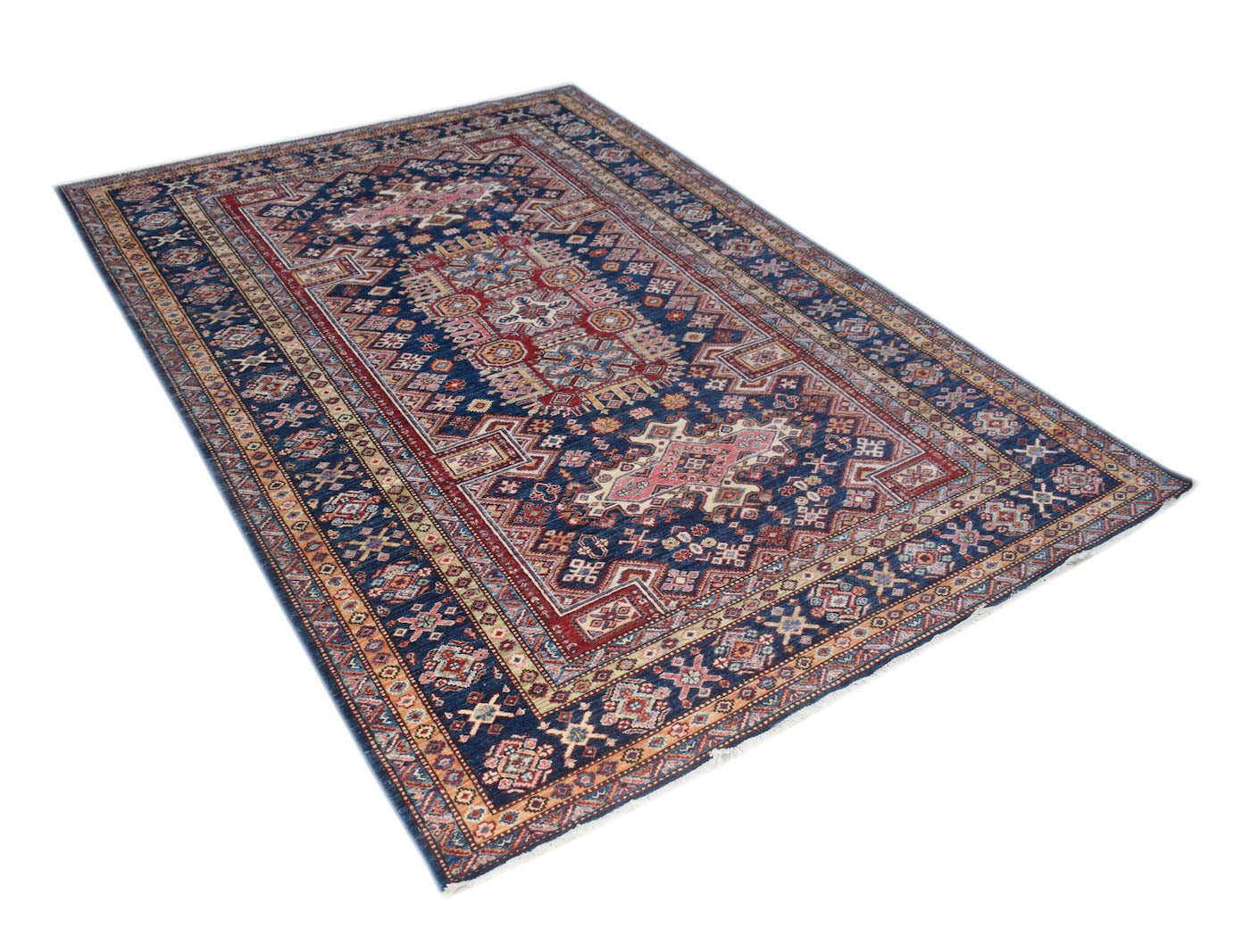 A rectangular Afghan Super Kazakh rug featuring traditional geometric patterns in blue and red.