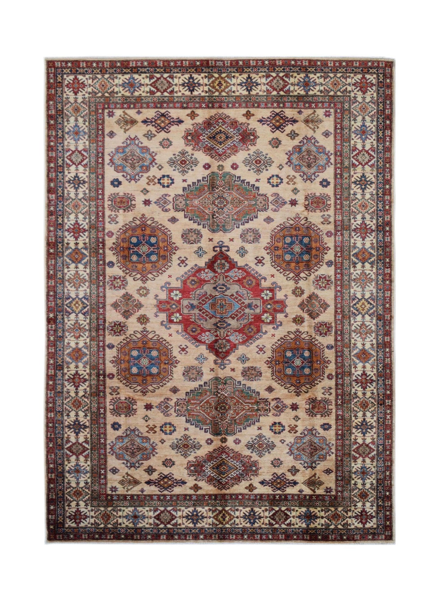 Handmade Afghan Super Kazakh rug featuring traditional geometric motifs in red, blue, and tan.