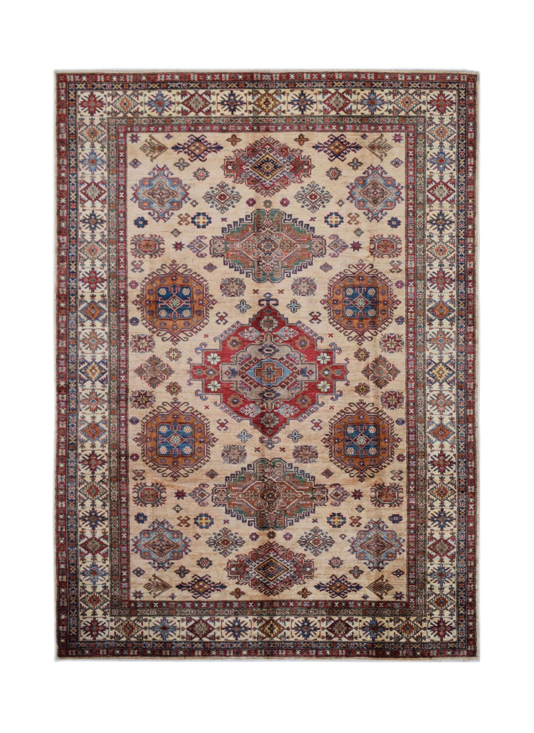 Handmade Afghan Super Kazakh rug featuring traditional geometric motifs in red, blue, and tan.