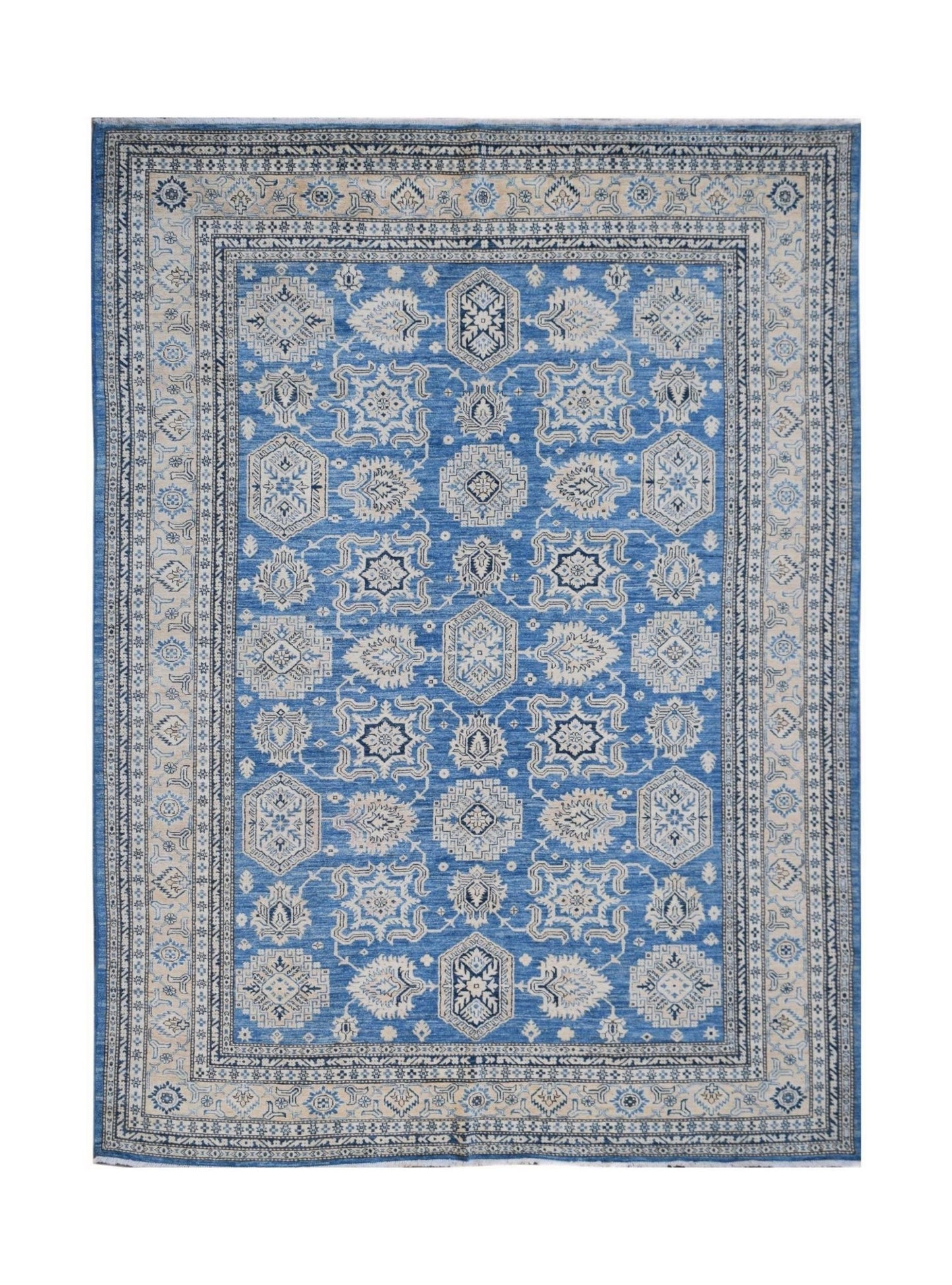 A handmade Afghan Super Kazakh rug featuring traditional geometric motifs in blue and cream.