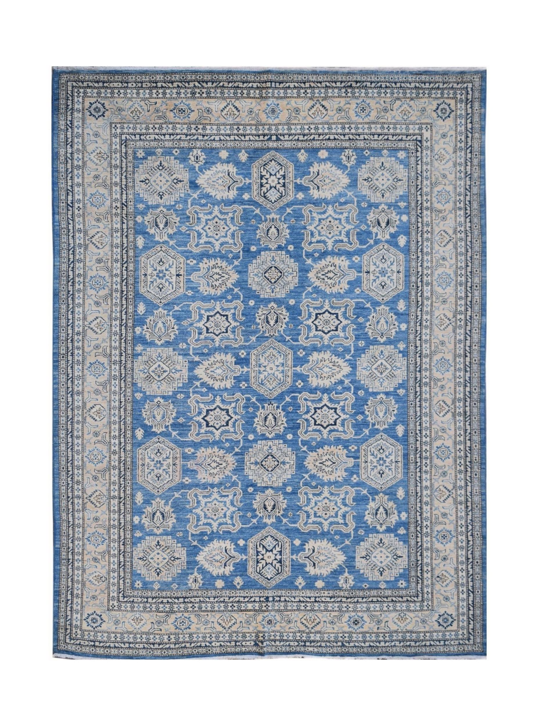 A handmade Afghan Super Kazakh rug featuring traditional geometric motifs in blue and cream.