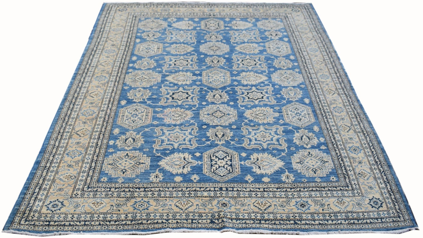 Handmade Afghan Super Kazakh rug featuring traditional geometric motifs in blue and cream wool.
