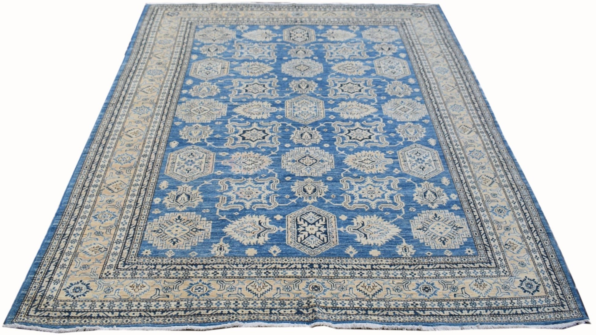 Handmade Afghan Super Kazakh rug featuring traditional geometric motifs in blue and cream wool.