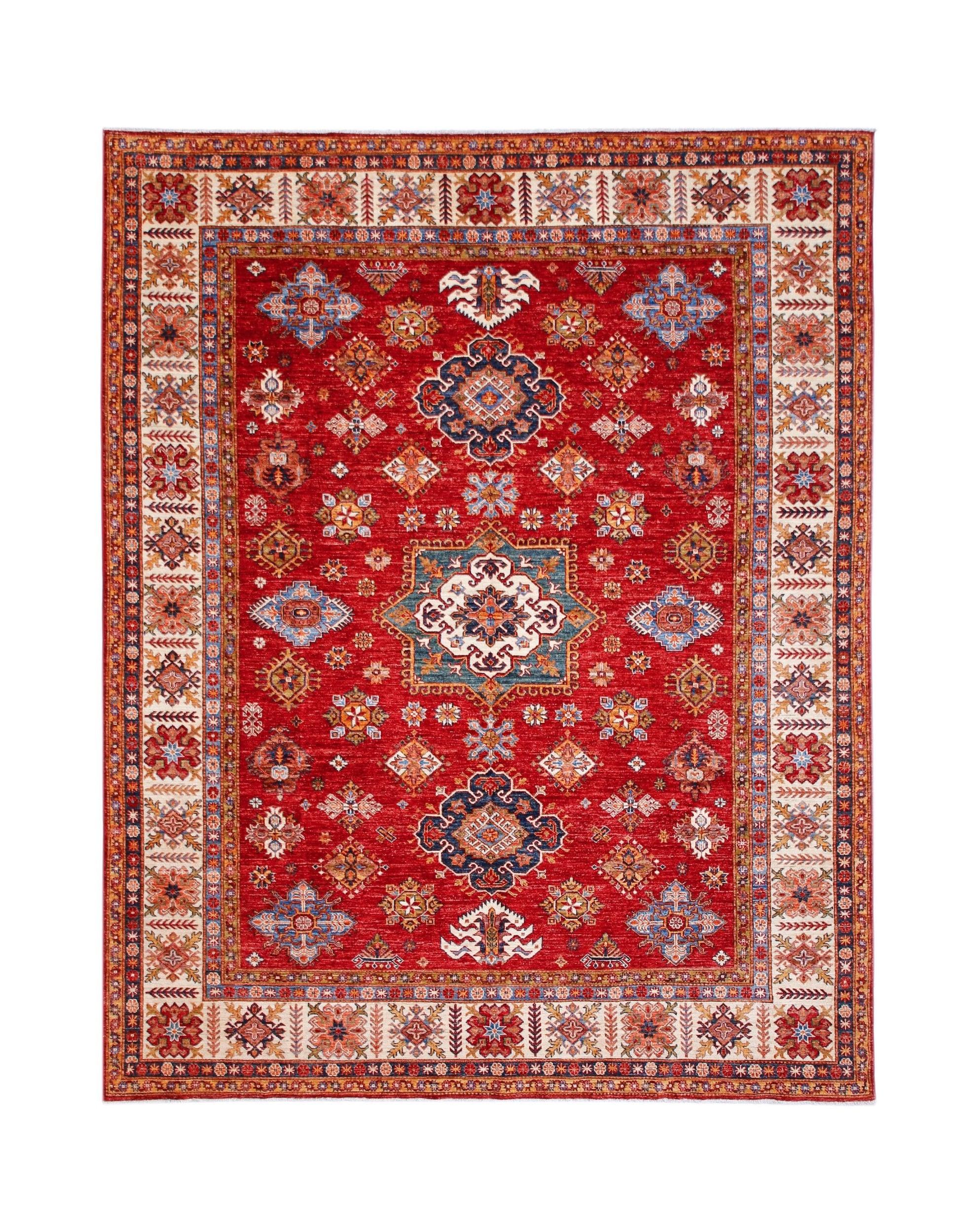 A rectangular Afghan Super Kazakh rug featuring traditional geometric motifs on a red field.