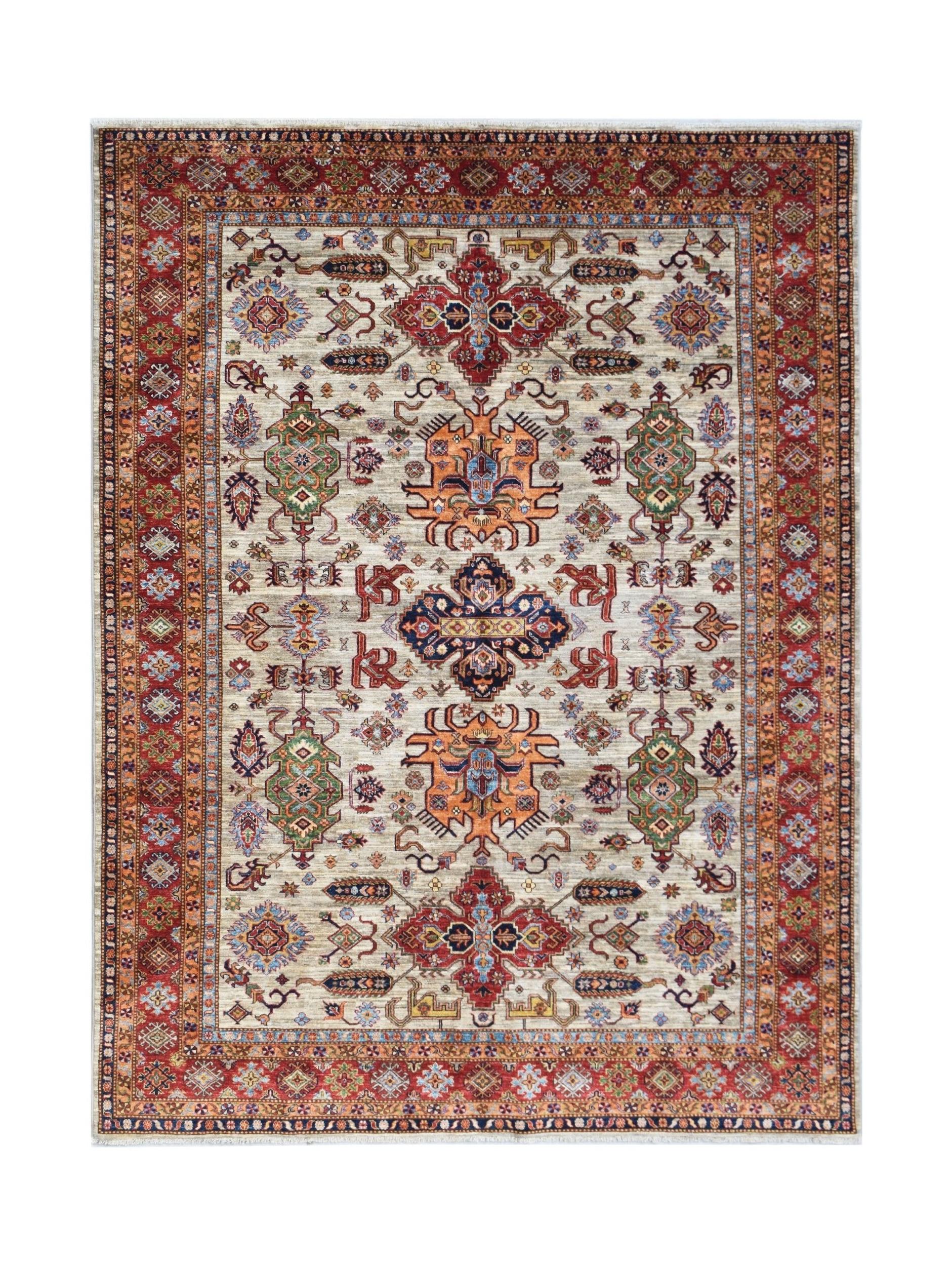 Handmade Afghan Super Kazakh rug featuring traditional geometric motifs in red, blue, and cream.
