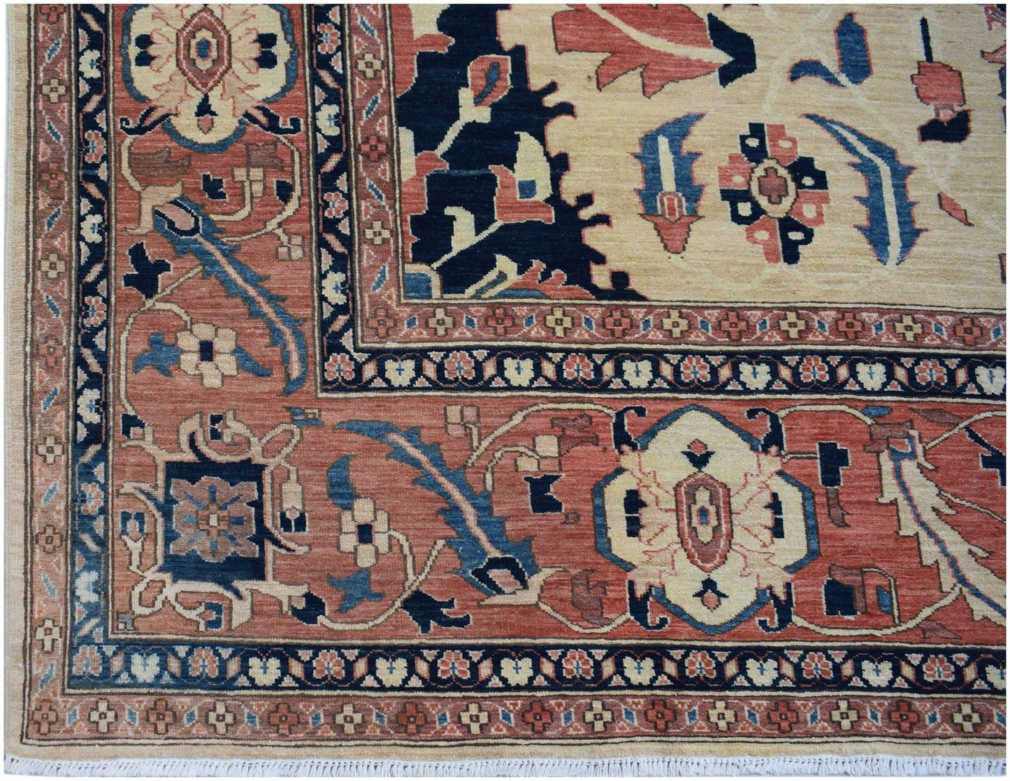 Handmade Afghan Super Kazakh rug featuring traditional geometric motifs in red, blue, and cream.