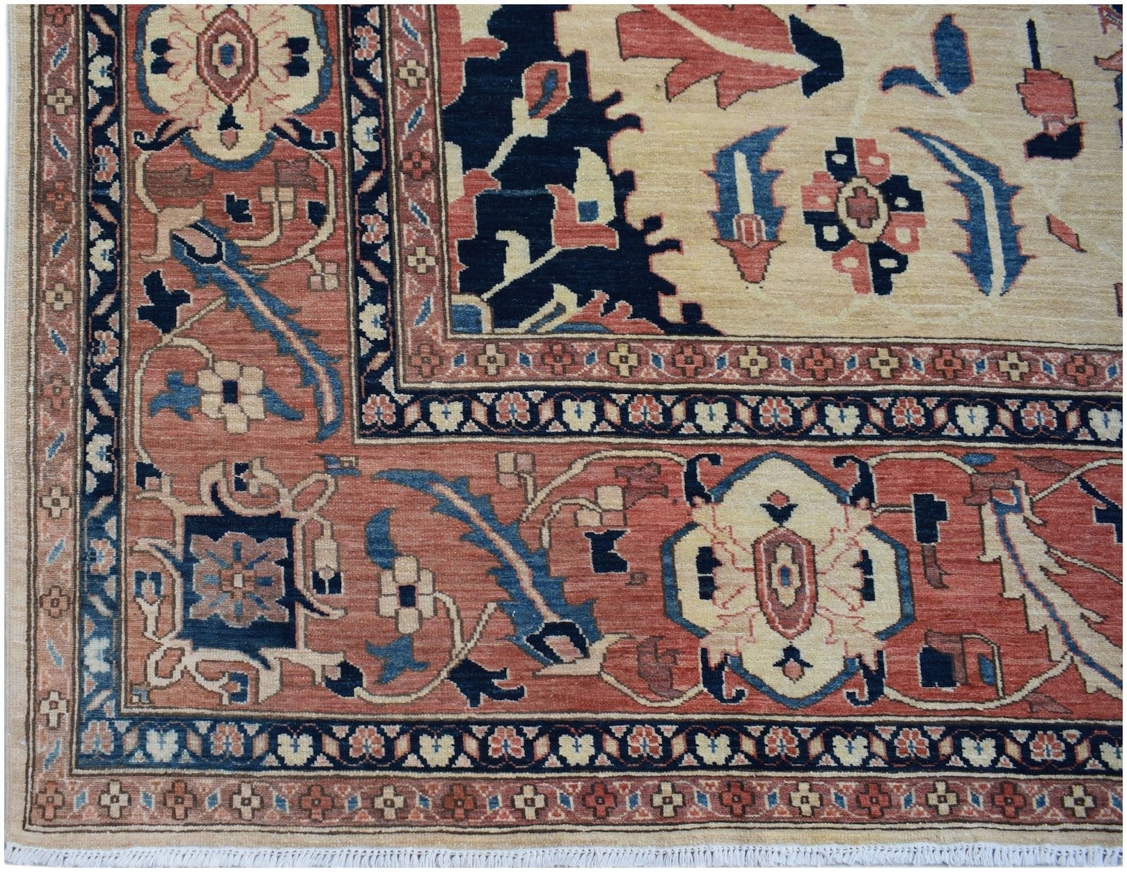 Handmade Afghan Super Kazakh rug featuring traditional geometric motifs in red, blue, and cream.