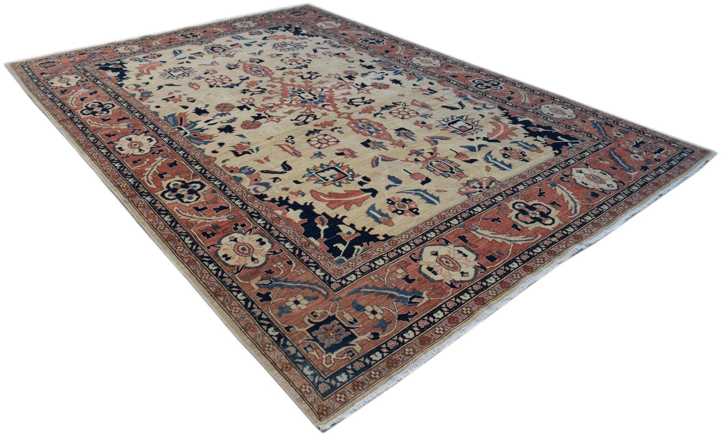 Handmade Afghan Super Kazakh rug featuring traditional geometric motifs in red, blue, and cream.