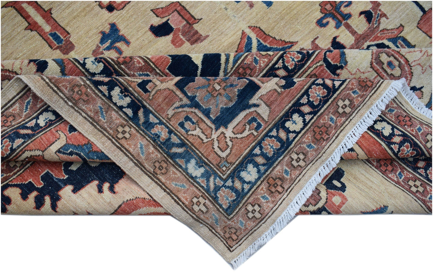 A handmade Afghan Super Kazakh rug featuring traditional geometric motifs in red, blue, and beige.