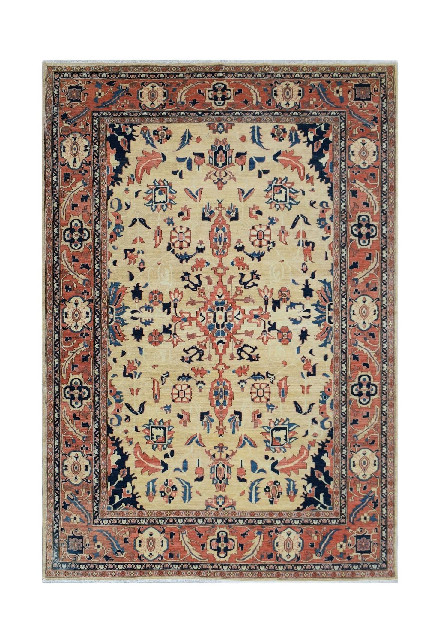 Handmade Afghan Super Kazakh rug featuring traditional geometric motifs in red, blue, and cream.