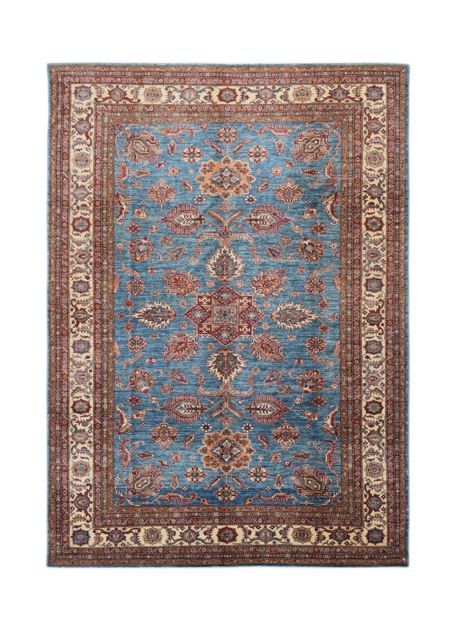An Afghan Super Kazakh rug featuring a traditional blue field with intricate red and cream motifs.