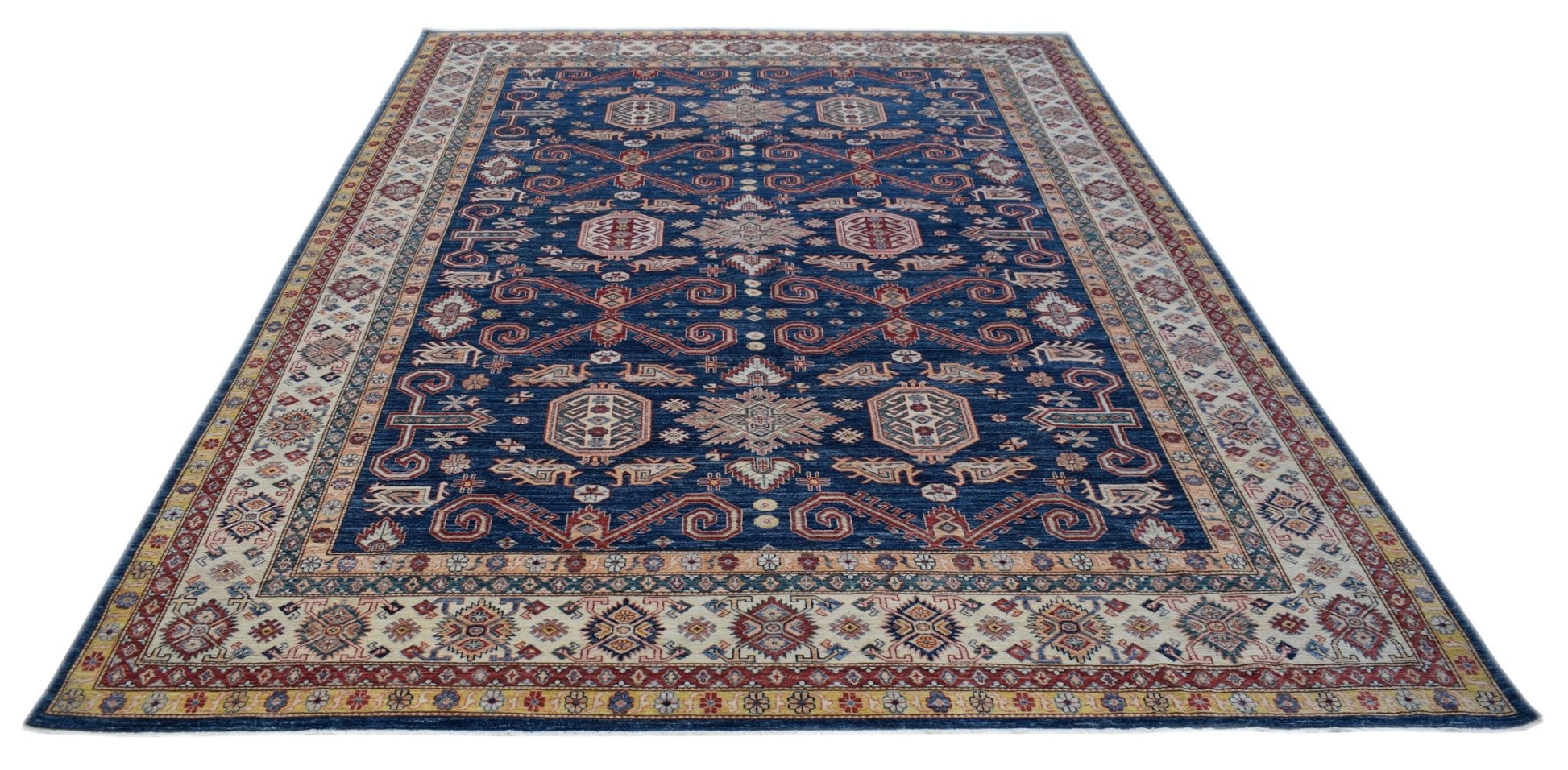 A handmade Afghan Super Kazakh rug featuring traditional geometric motifs in blue, red, and cream.