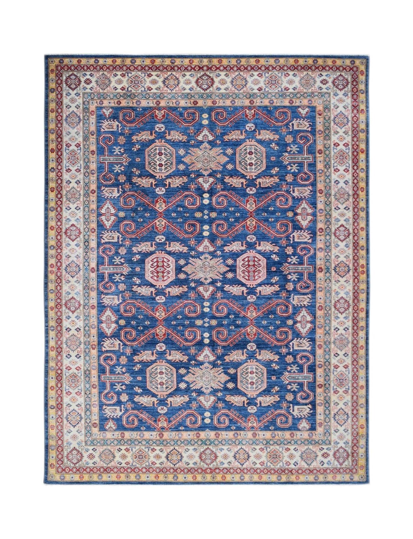 A rectangular Afghan Super Kazakh rug featuring traditional geometric motifs in blue and red.