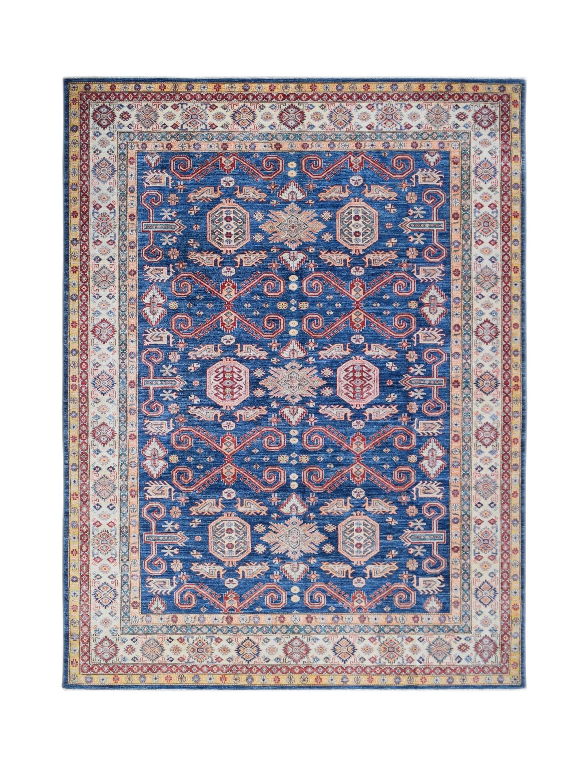 A rectangular Afghan Super Kazakh rug featuring traditional geometric motifs in blue and red.