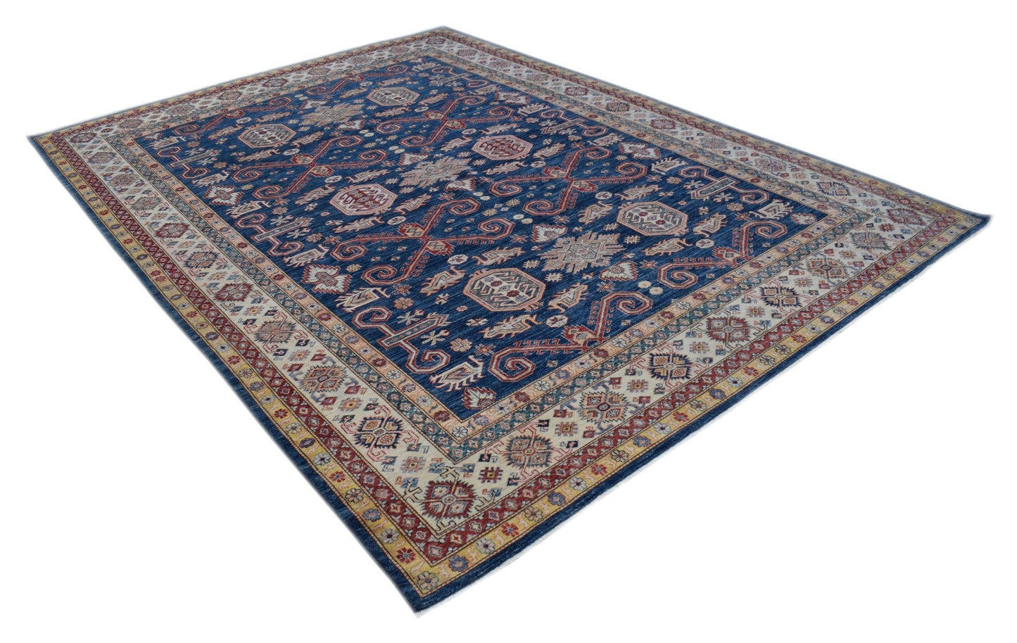 Handmade Afghan Super Kazakh rug featuring traditional geometric motifs in blue, red, and cream.