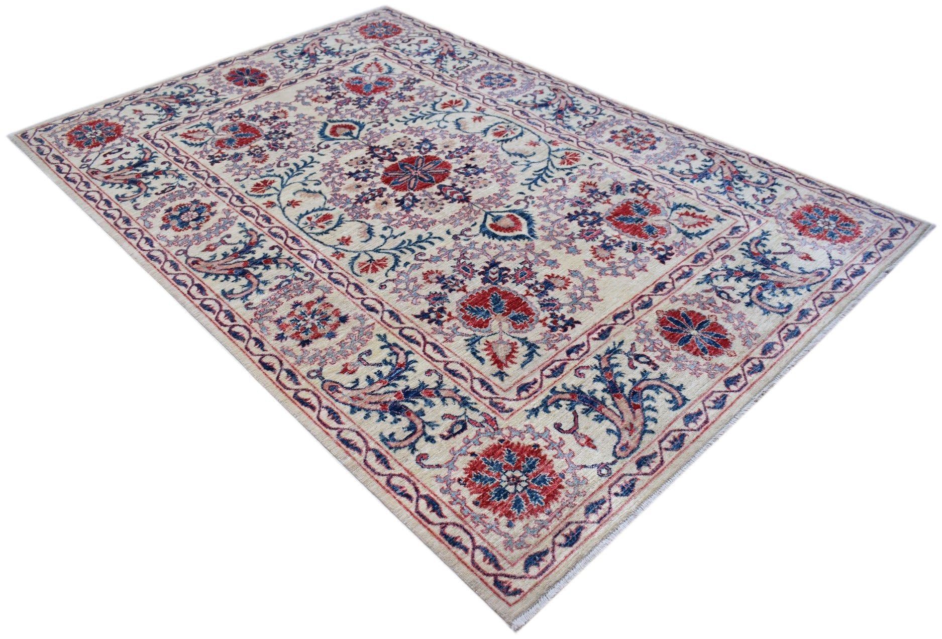 Handmade Afghan Chobi rug featuring a traditional Suzani floral pattern in red and blue on cream.