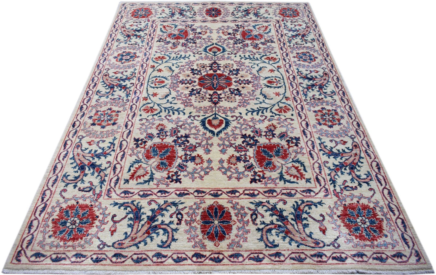 A rectangular Afghan Chobi rug featuring a traditional Suzani floral pattern in red and blue.