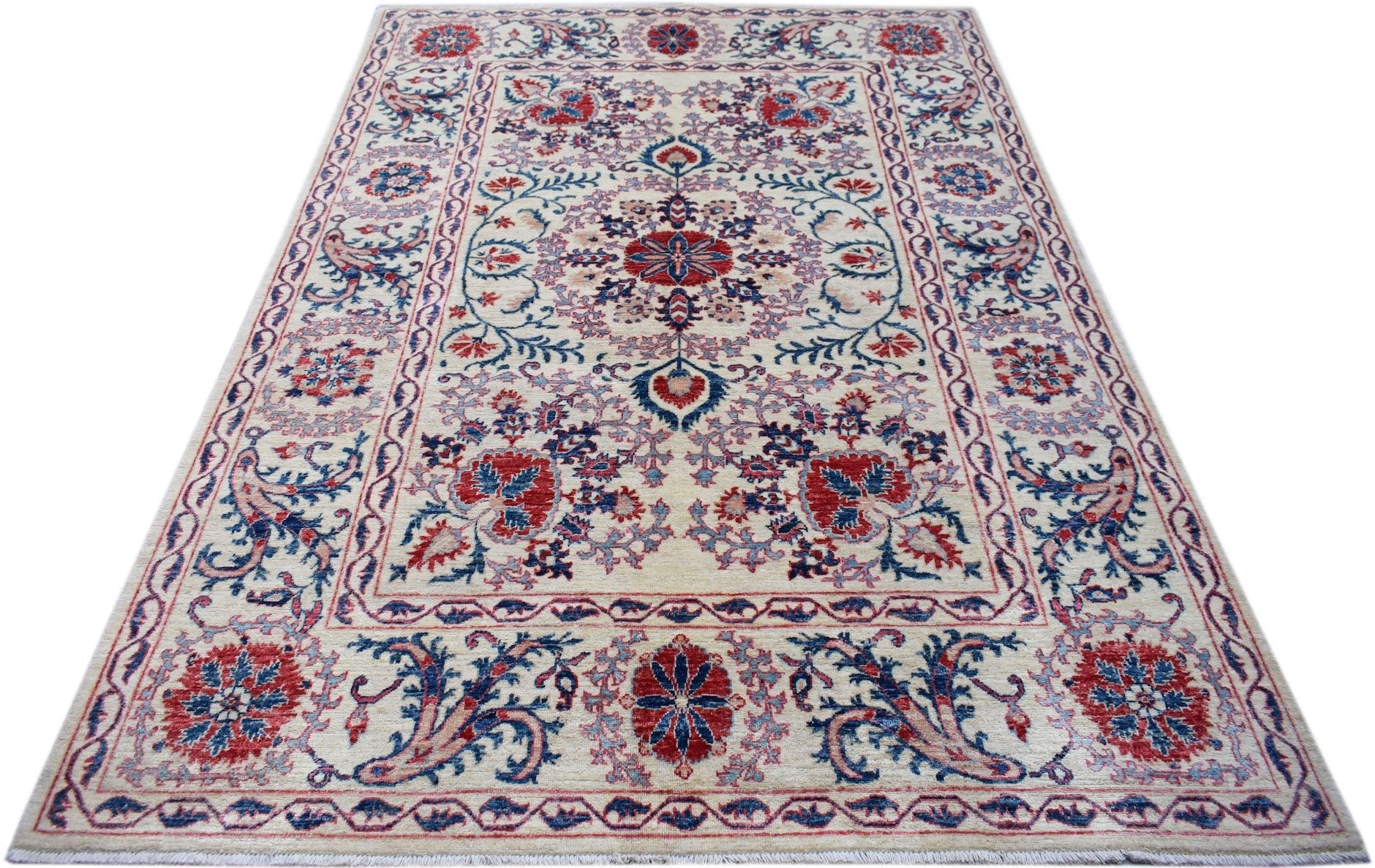 A rectangular Afghan Chobi rug featuring a traditional Suzani floral pattern in red and blue.