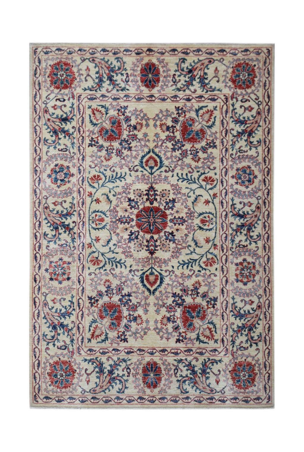 Handwoven Afghan Chobi rug featuring a traditional Suzani floral pattern in red and blue tones.