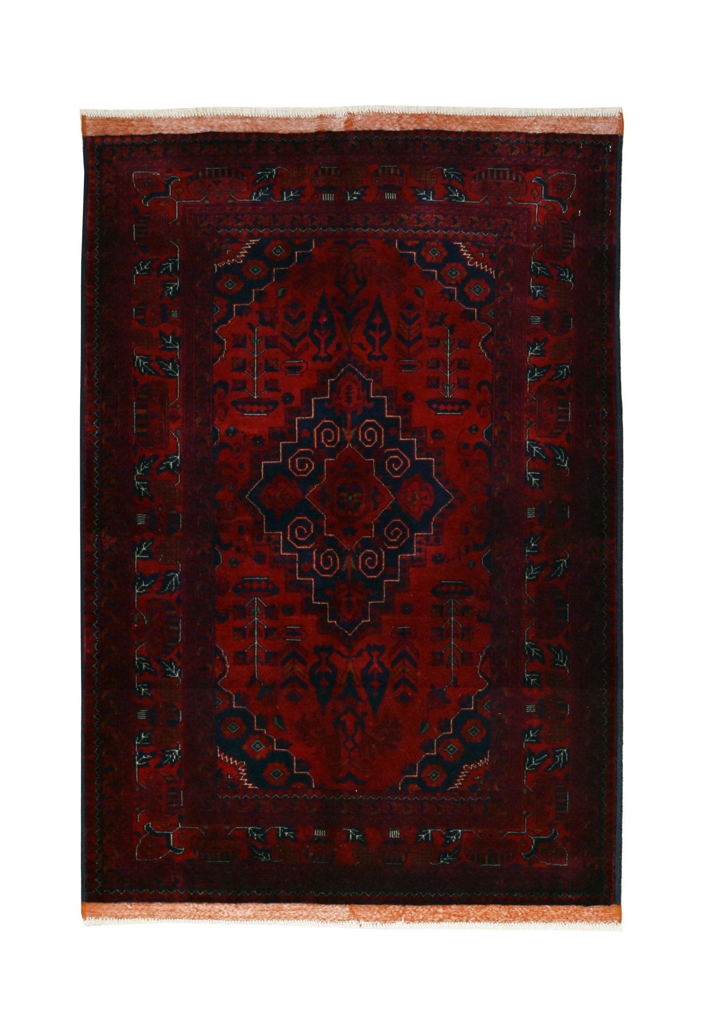Handmade Afghan Biljik wool rug featuring a deep red field with blue geometric patterns.