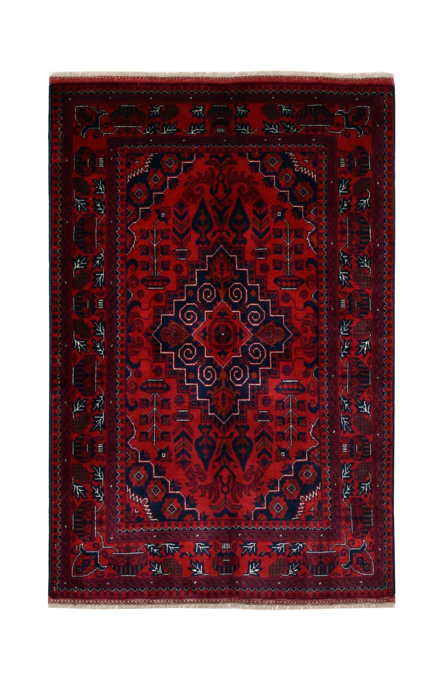 A handmade Afghan Biljik rug featuring a deep red field with intricate blue geometric patterns.