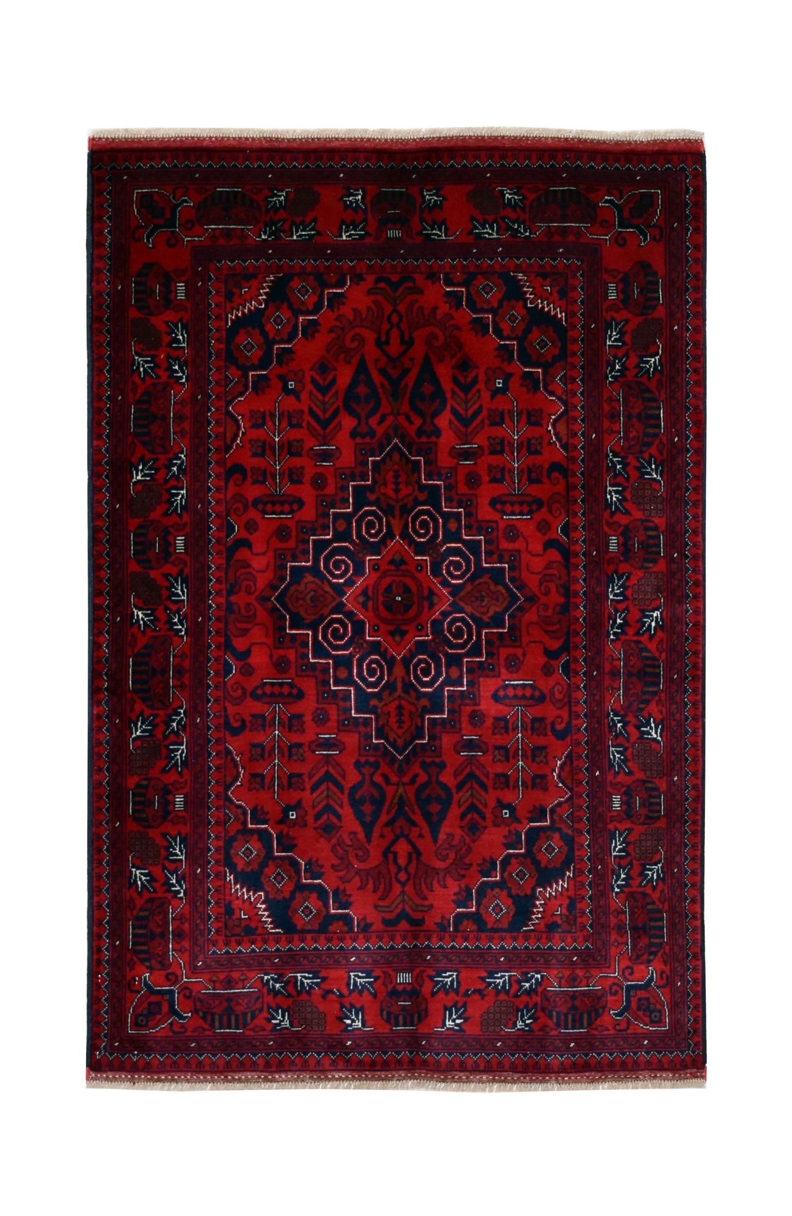 A handmade Afghan Biljik rug featuring a deep red field with intricate blue geometric patterns.