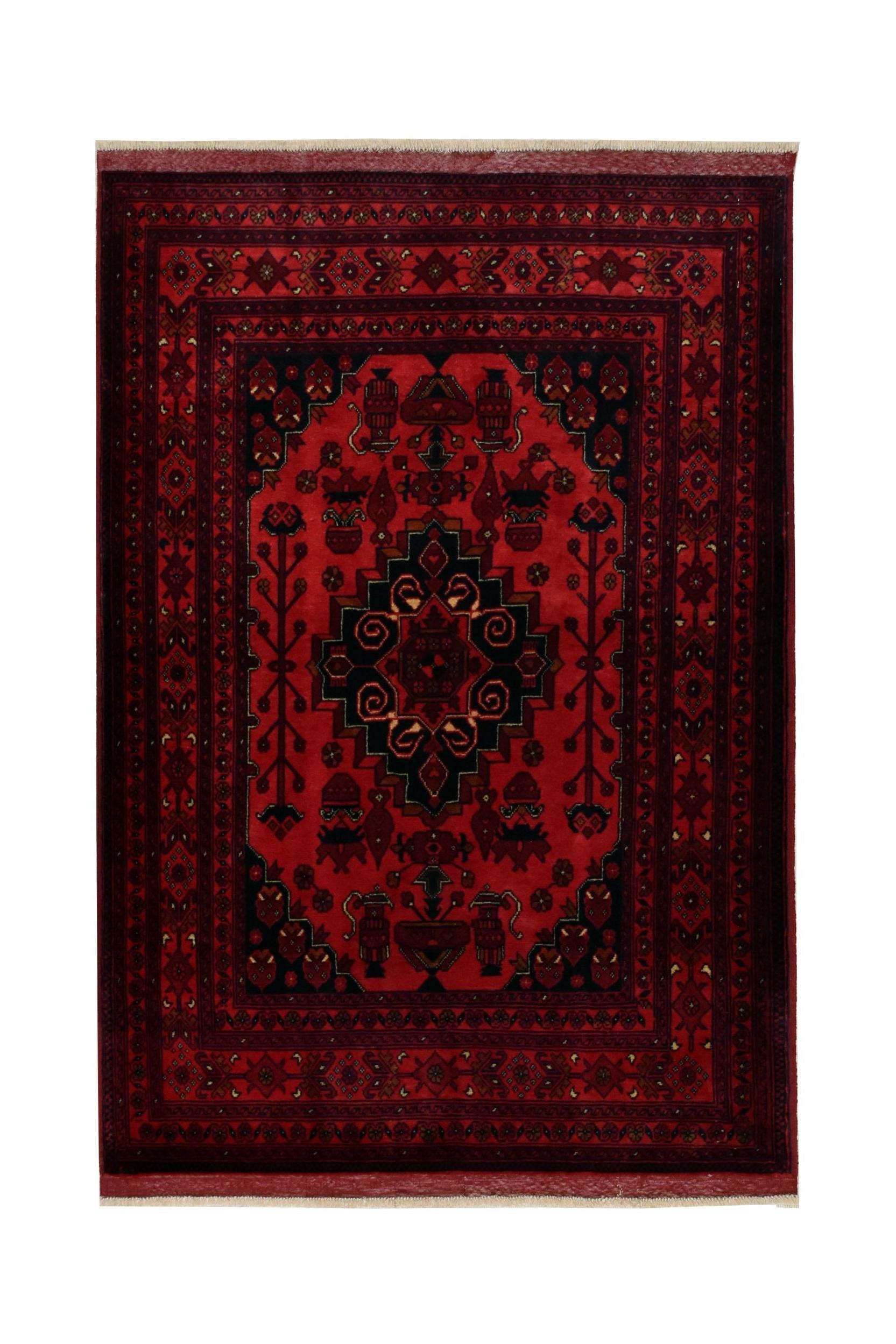 A handmade Afghan Biljik rug featuring a deep red field with intricate black geometric patterns.