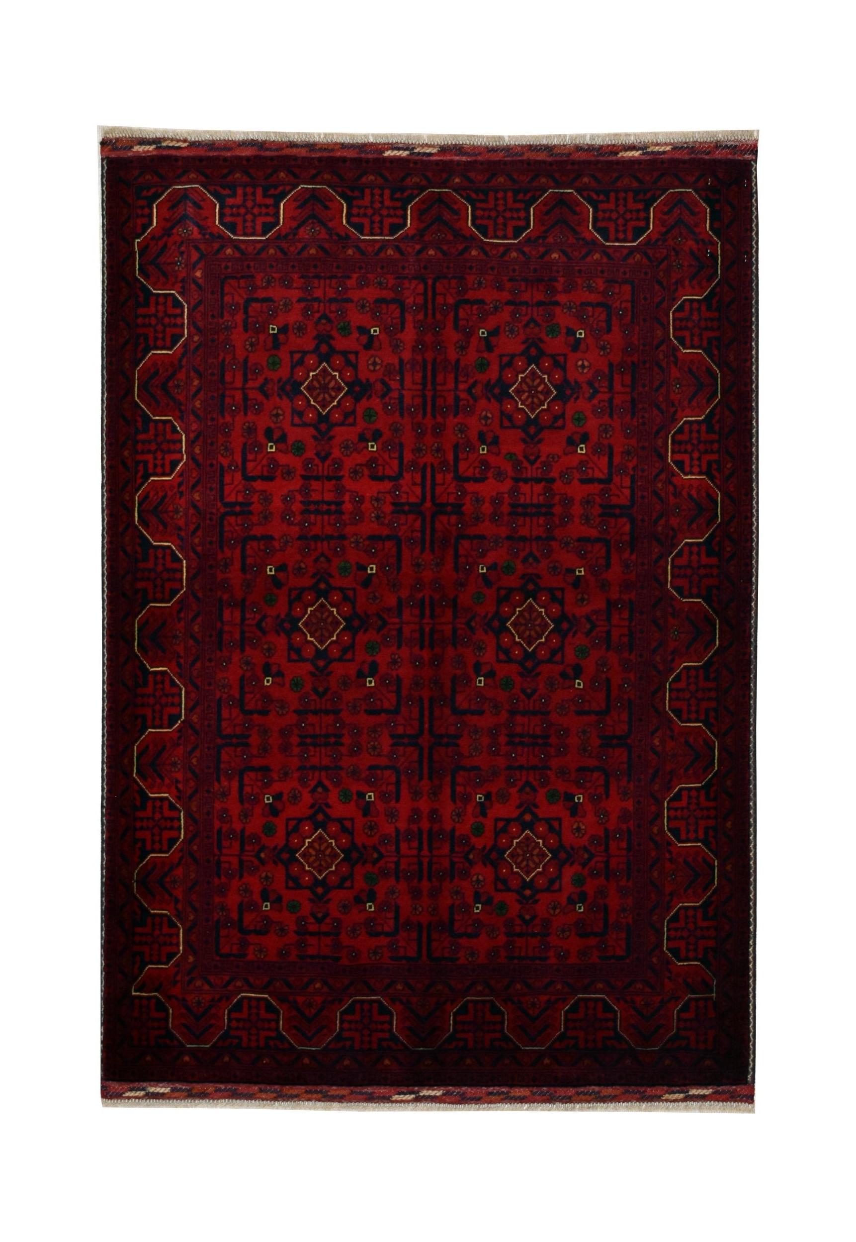A handmade Afghan Biljik rug featuring a deep red field with intricate geometric patterns.