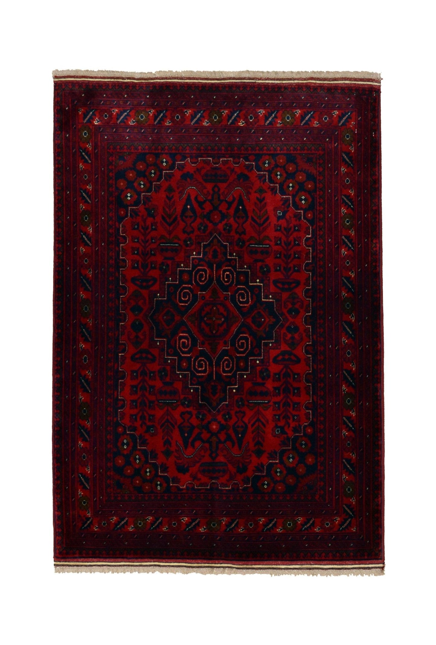 A handmade Afghan Biljik rug featuring a deep red and blue geometric pattern with fringe ends.
